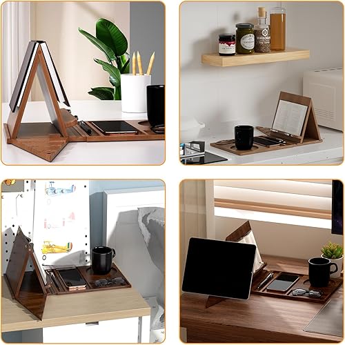 Miniatura 8 de Soporte triangular de bambú para libros, soporte para libros, soporte plegable para libros con taza, gafas, soporte para teléfono y clips de página