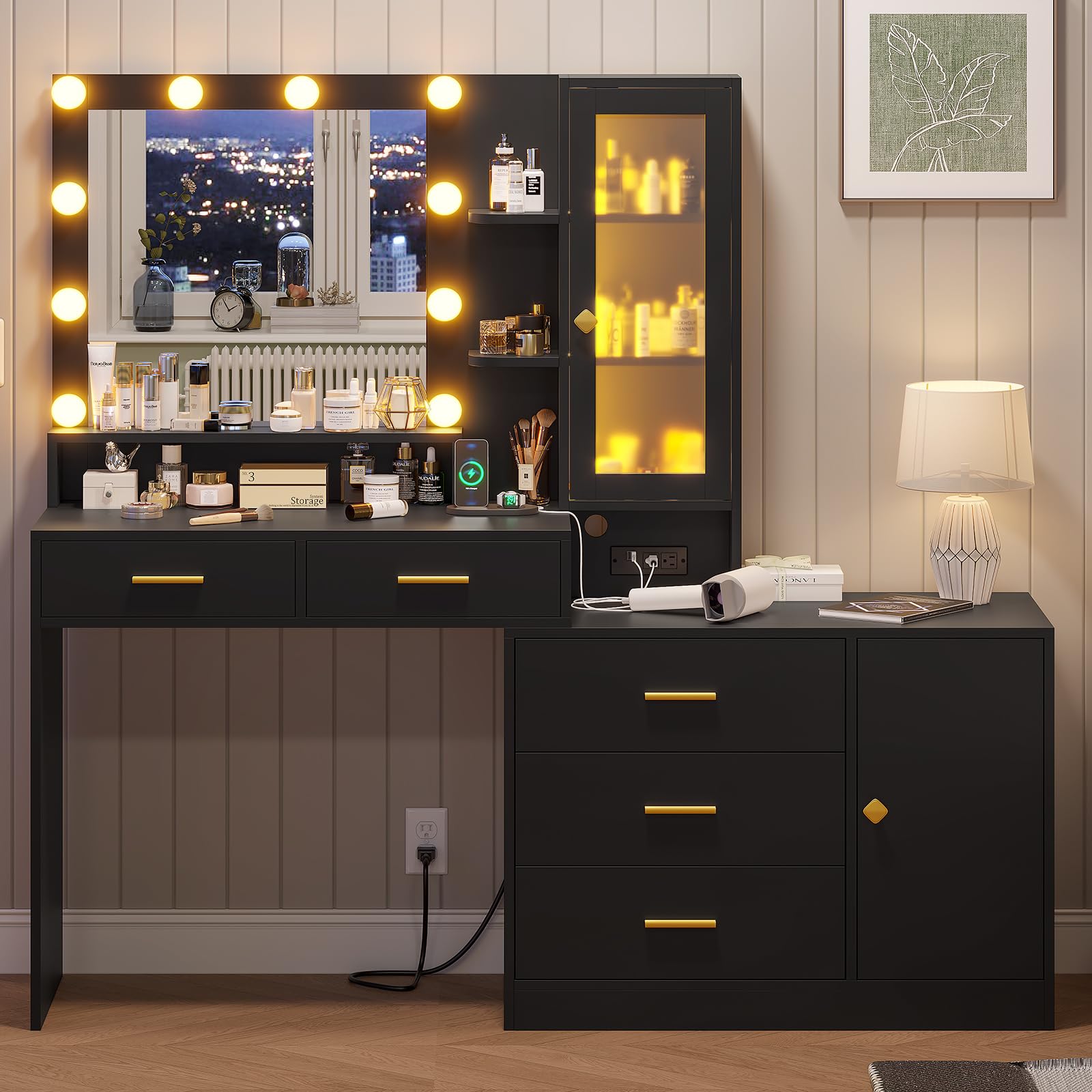 BTHFST Makeup Vanity Desk with Mirror and Lights, Black Vanity with Ambient Light & Charging Station, Vanity Table with Drawers & Shelves & Dresser, Makeup Table with Storage Cabinet
