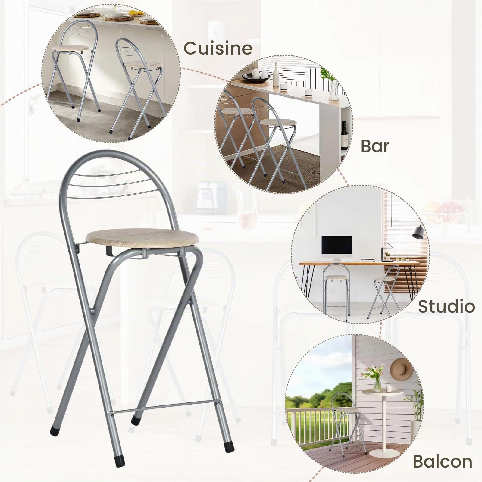 Tabourets Bar Pliants Lot de 2,sans Assemblage,Tabourets de Bar d'Extérieur Portables pour Cuisines,Bistrots,Evènements Extérieurs, Hauteur Assise 61cm(Grain de Chêne et Argent)