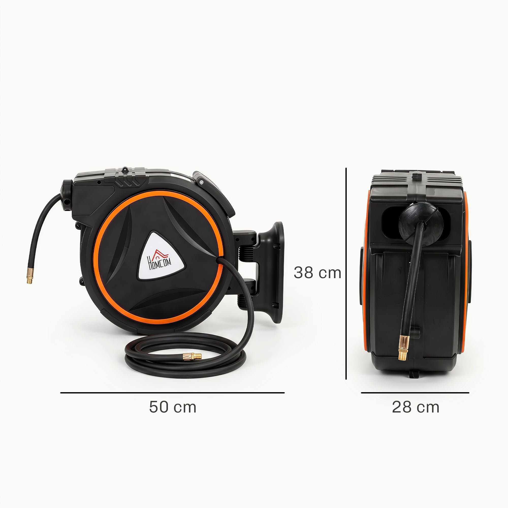 HOMCOM Carrete de Manguera de Aire Comprimido Automático de 20 m+2 m Negro | Conector de 1/4'' BSP, Manguera Compresor Aire, con Soporte para Pared Giratorio 180°