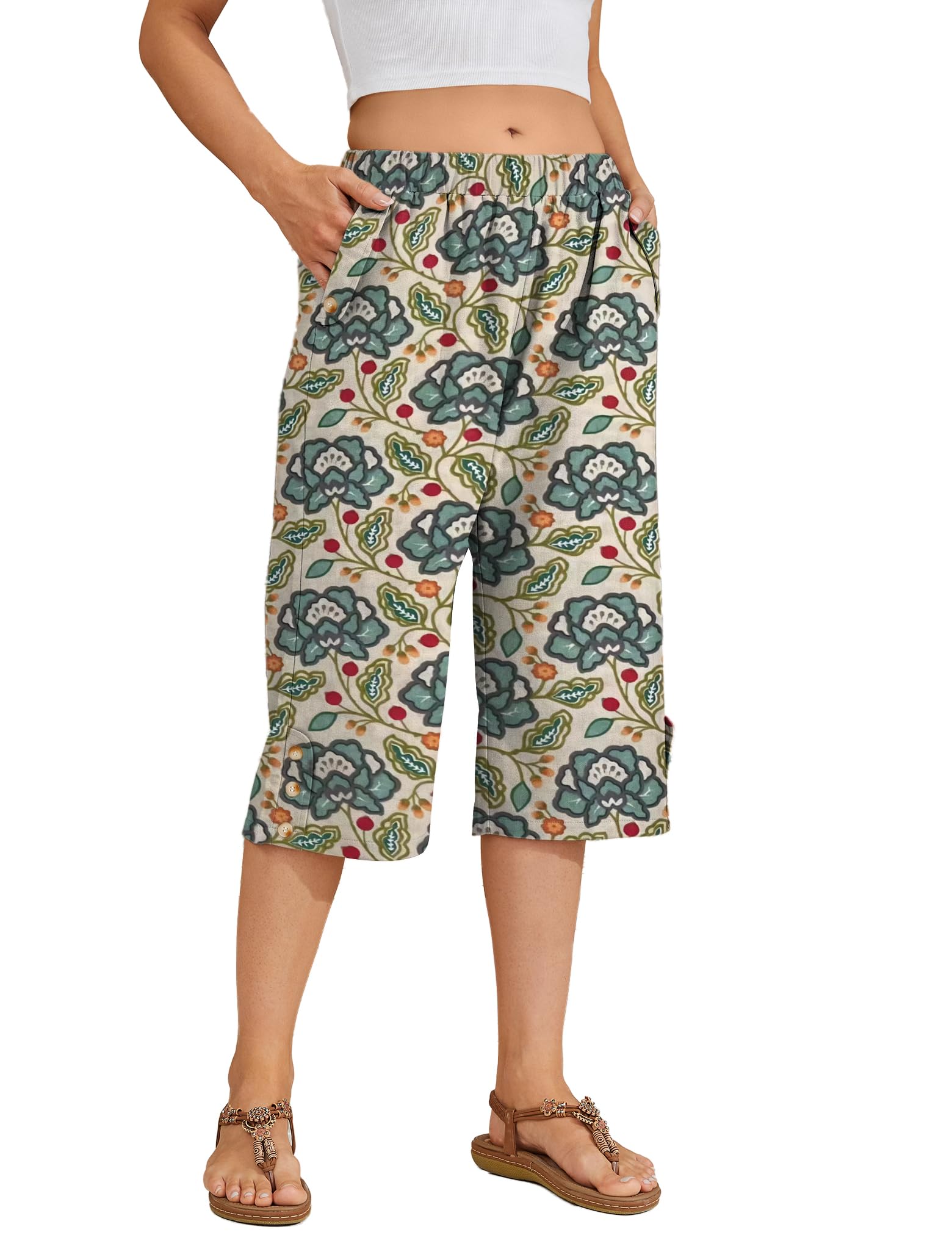 Women Summer Capri Pants Casual Wide Leg Elastic Waist Lightweight Cropped Loose Pants with Pockets