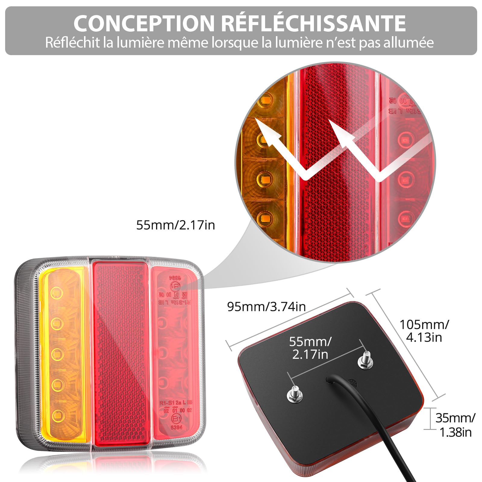 Justech 2PCS Feux Arrière de Remorque à LED avec Câble de 7,5 m et Prise à 7 Broches Ampoule de Feu Arrière 12V 3 Fonctions Feux de Plaque d’immatriculation pour Camion, Remorque, Caravane E11