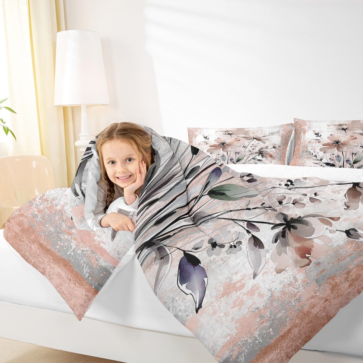 Erosebridal Watercolor Flowers Queen Comforter Set for Adult Women,Microfiber Abstract Oil Painting Bedding Set Rustic Farmhouse Room Decor,Ombre Yellow Grey White Duvet Insert with Spring Blossom