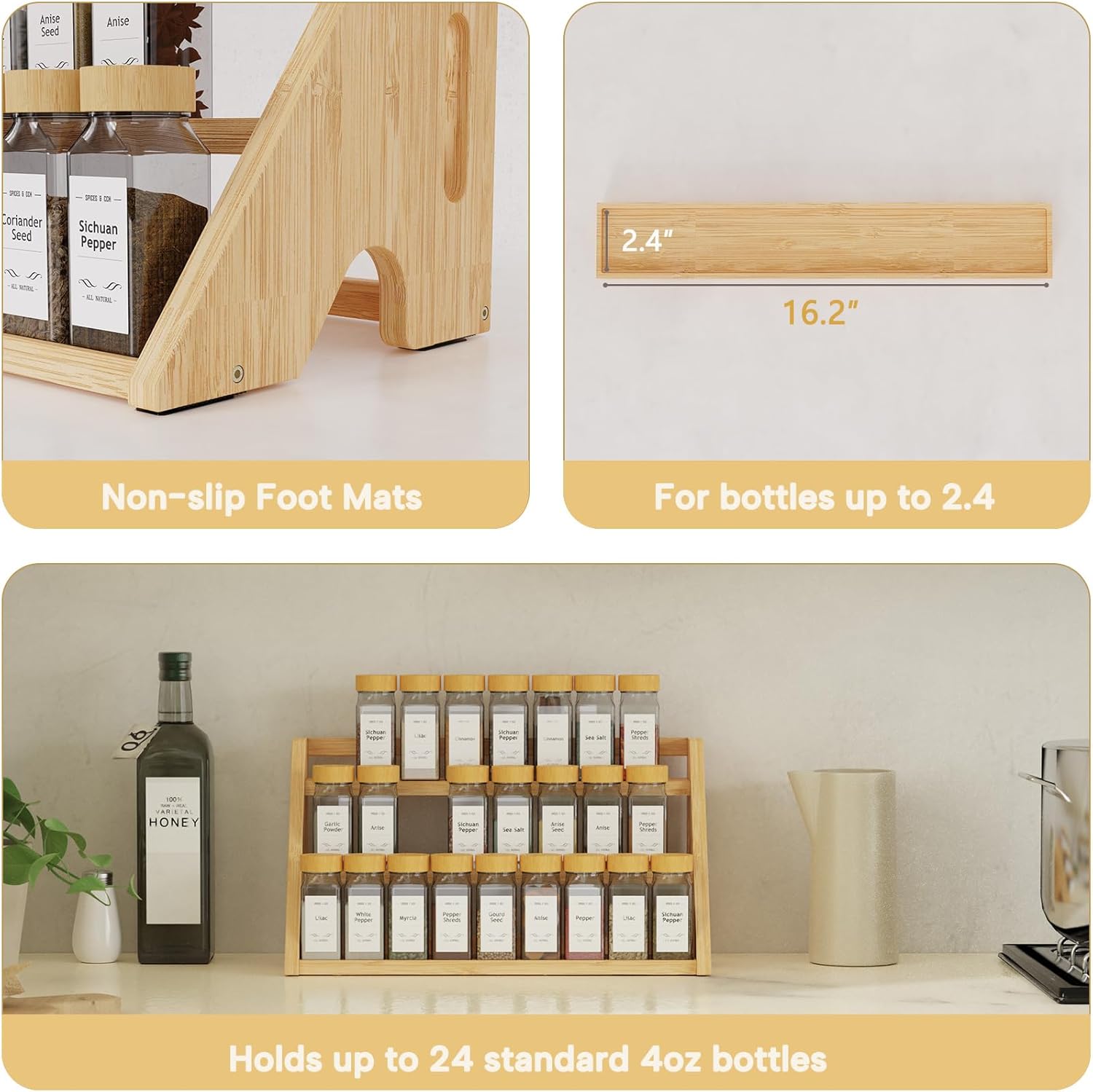 Bamboo Spice Rack Organizer -3-Tier Spice Rack for Countertop,Cabinet Spice Rack Organizer for 24 Spice Jars(4oz)，Step Shelf (yellow)
