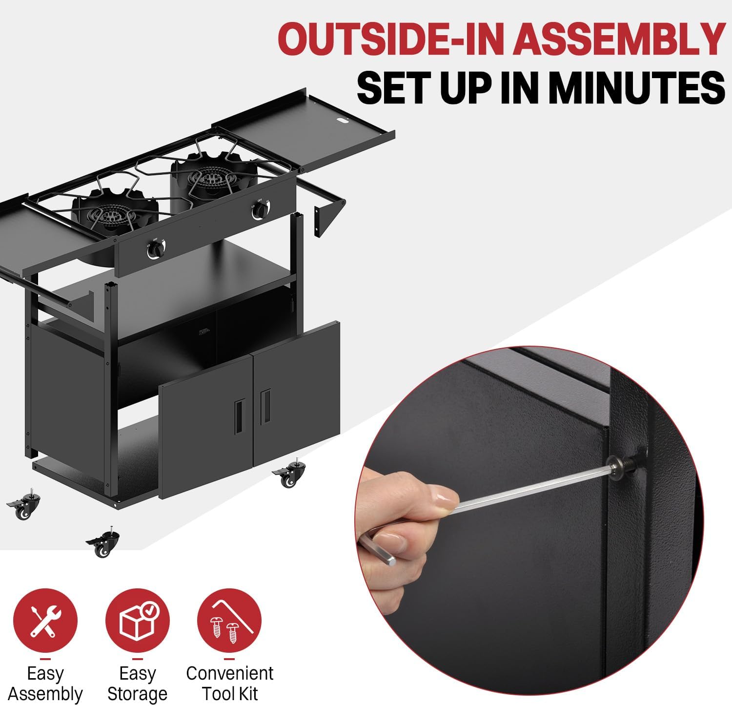 2 Burner Propane Camp Stove with 4 Wheels| 150,000 BTU Gas Burners| Side Shelves with Storage Cabinet | 300Lbs| Waterproof Cover| Easy to move&Outside-in Assembly| for Camping Backyard Outdoor Cooking