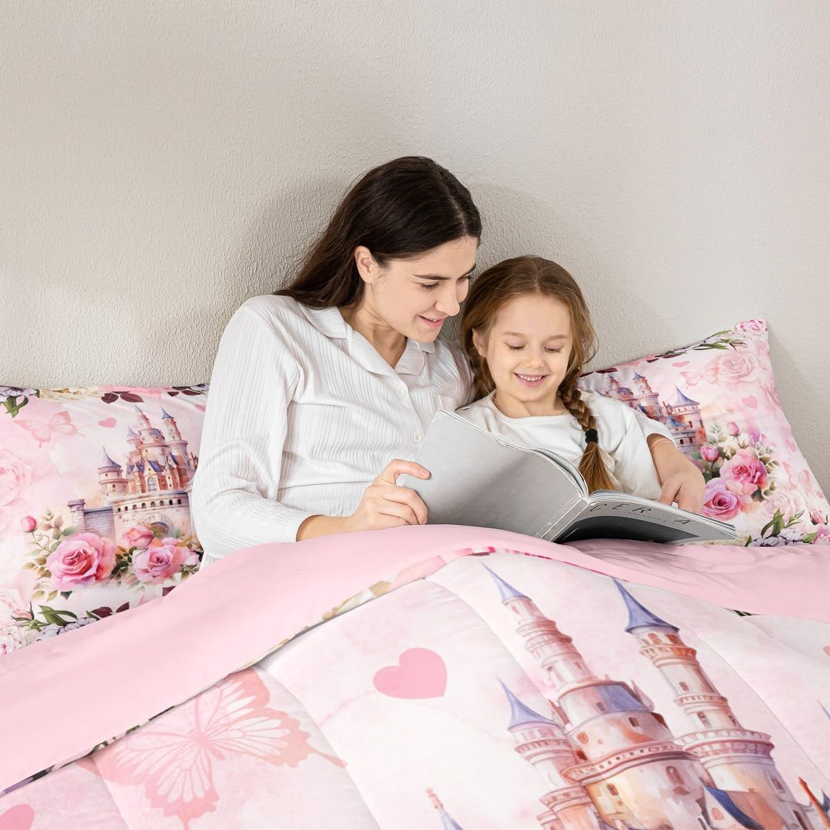 Girls Castle Comforter Set Dreamy Princess Castle Bedding Set Pink Rose Flowers Bedding Home Decor Butterfly Floral Comforter Queen Size 3 Pieces Quilted Duvet Set 1 Comforter with 2 Pillowcase