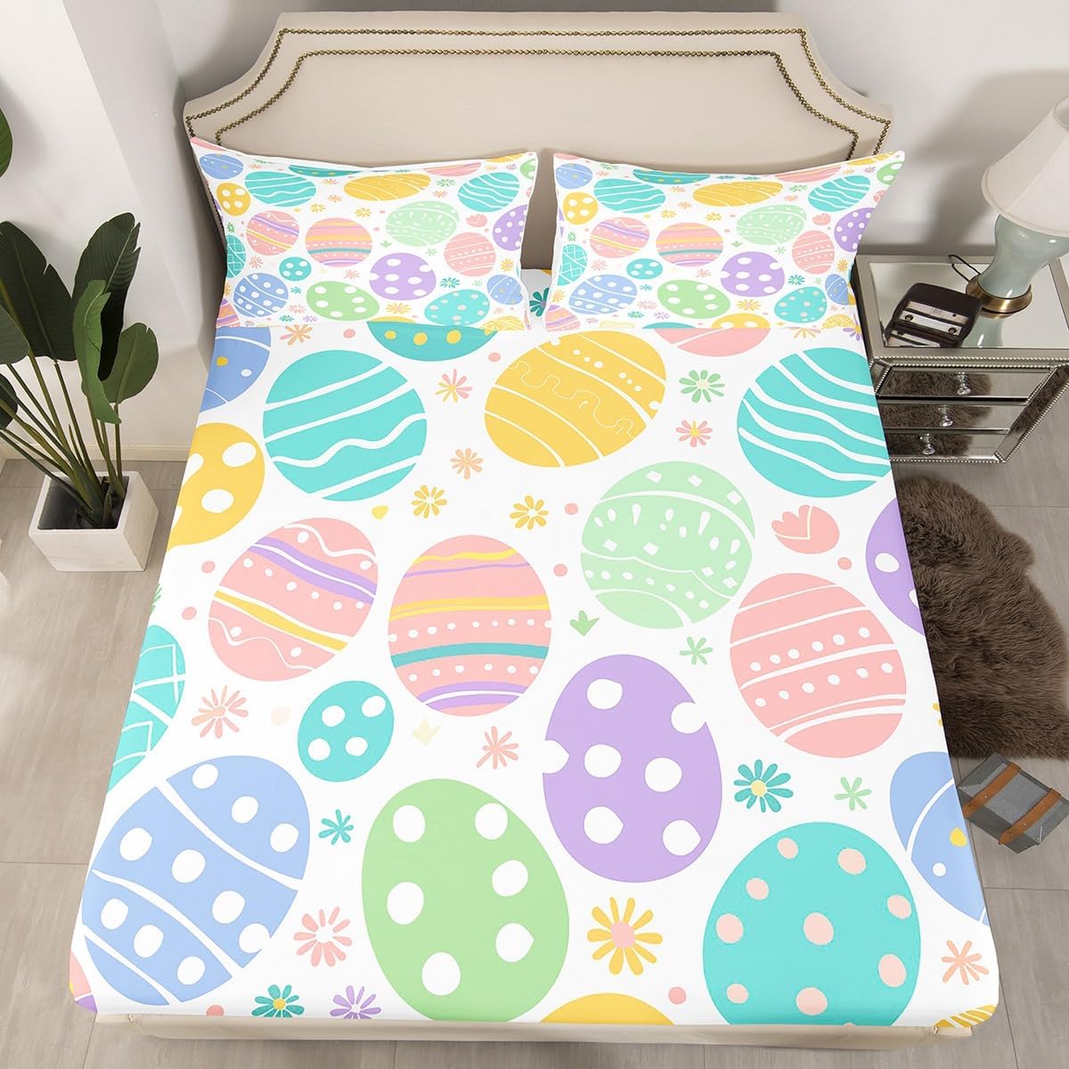 Easter Eggs Decor Kawaii Bed Sheets Full,Rainbow Easter Egg Bedding Sets Multicolor Boho Floral Fitted Sheet,Watercolor Flowers Cute Room Decor Easter Decorations for The Home