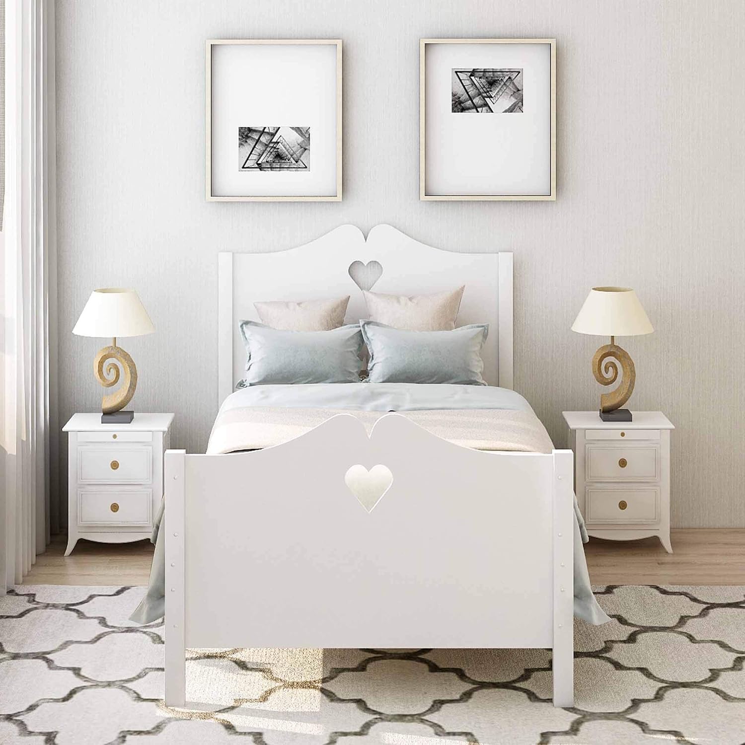 Merax Twin Bed Frame Platform Beds with Wood Slat Support and Headboard & Footboard (White)