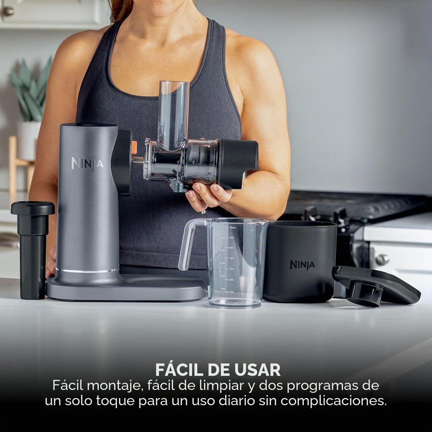 Ninja - Máquina exprimidora de prensa fría con jarra de 700 ml y recipiente de pulpa de 1,1 l, para hacer jugos frescos, bebidas y tomas de bienestar, compacta, apta para lavavajillas y piezas