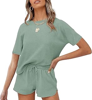 Sponsored Ad - MEROKEETY Women's Short Sleeve Waffle Pajama Sets Lounge Top and Shorts 2 Piece Tracksuit Outfits