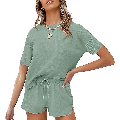 MEROKEETY Women's Short Sleeve Waffle Pajama Sets Lounge Top and Shorts 2 Piece Tracksuit Outfits