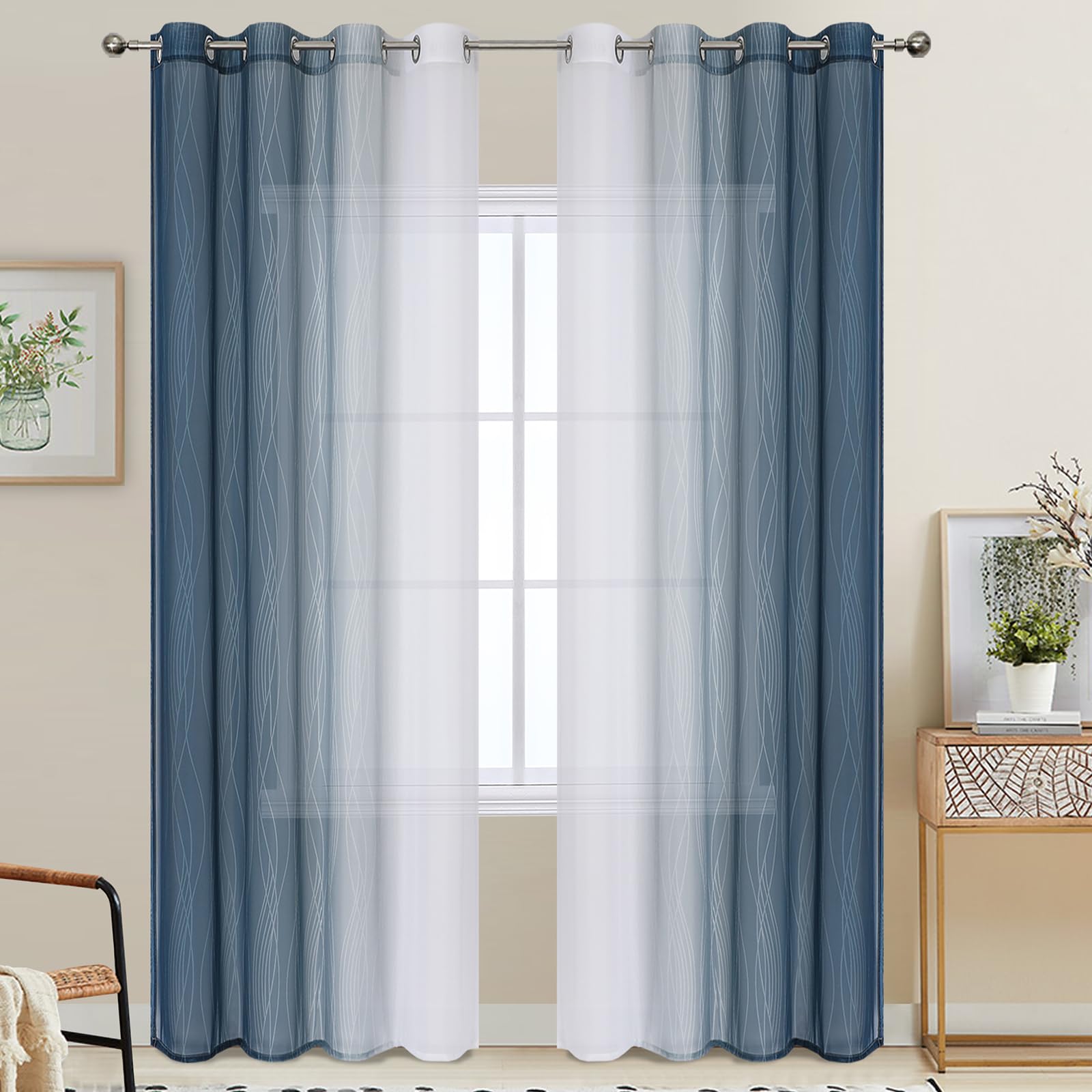 VEHEDE Ombre Sheer Curtains for Living Room with Eyelets, 90 Inch Drop Light Filtering Voile Window Drapes for Living Room, Navy Blue and Greyish White, W52 x L90 Inch 2 Panels