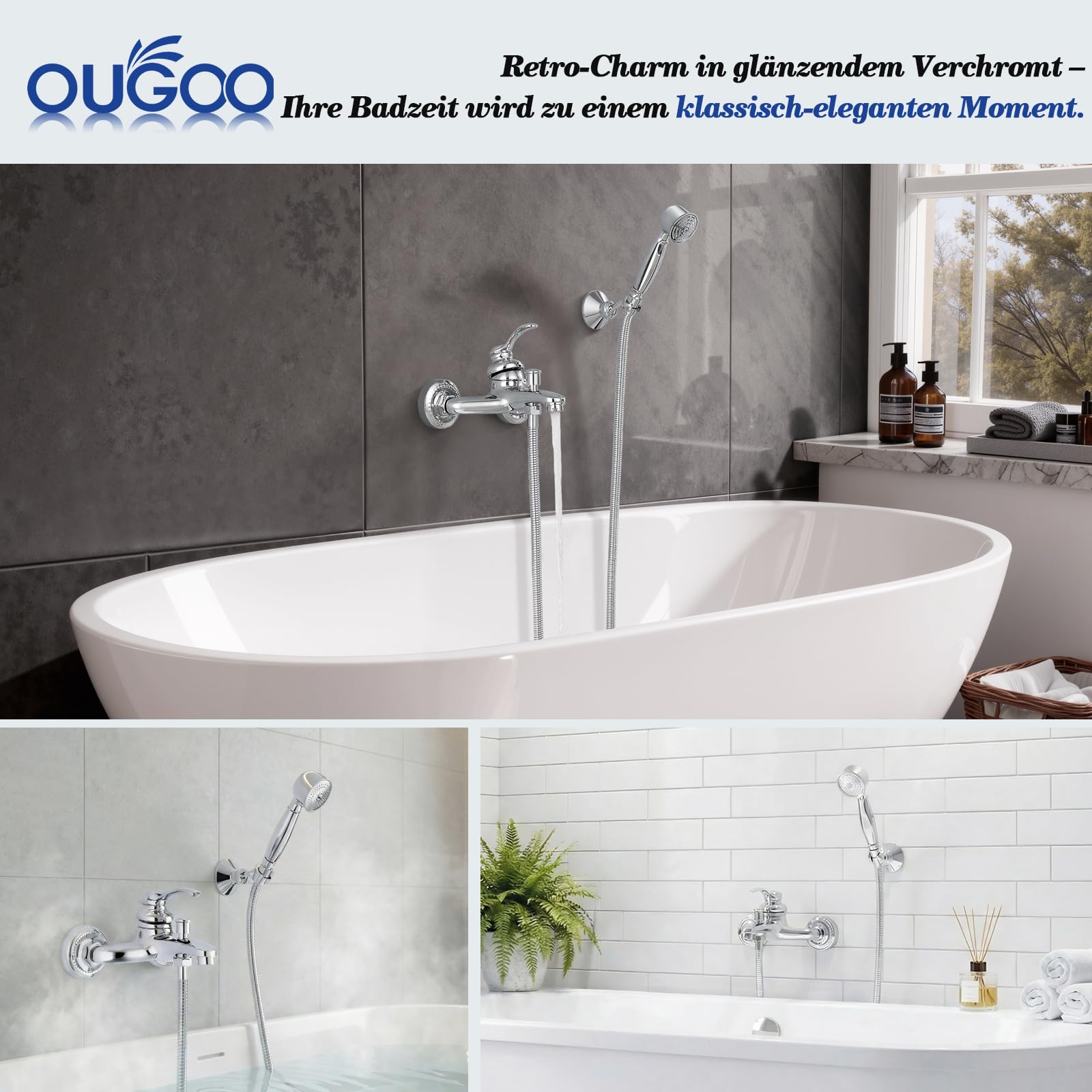 Badewannenarmatur mit Handbrause, Retro Messing Mischbatterie Badewanne Einhebelmischer mit Schlauch und Wandhalterung, Wandmontage Bad Armatur Dusche Antik Wannenarmatur für Badezimmer, Chrom
