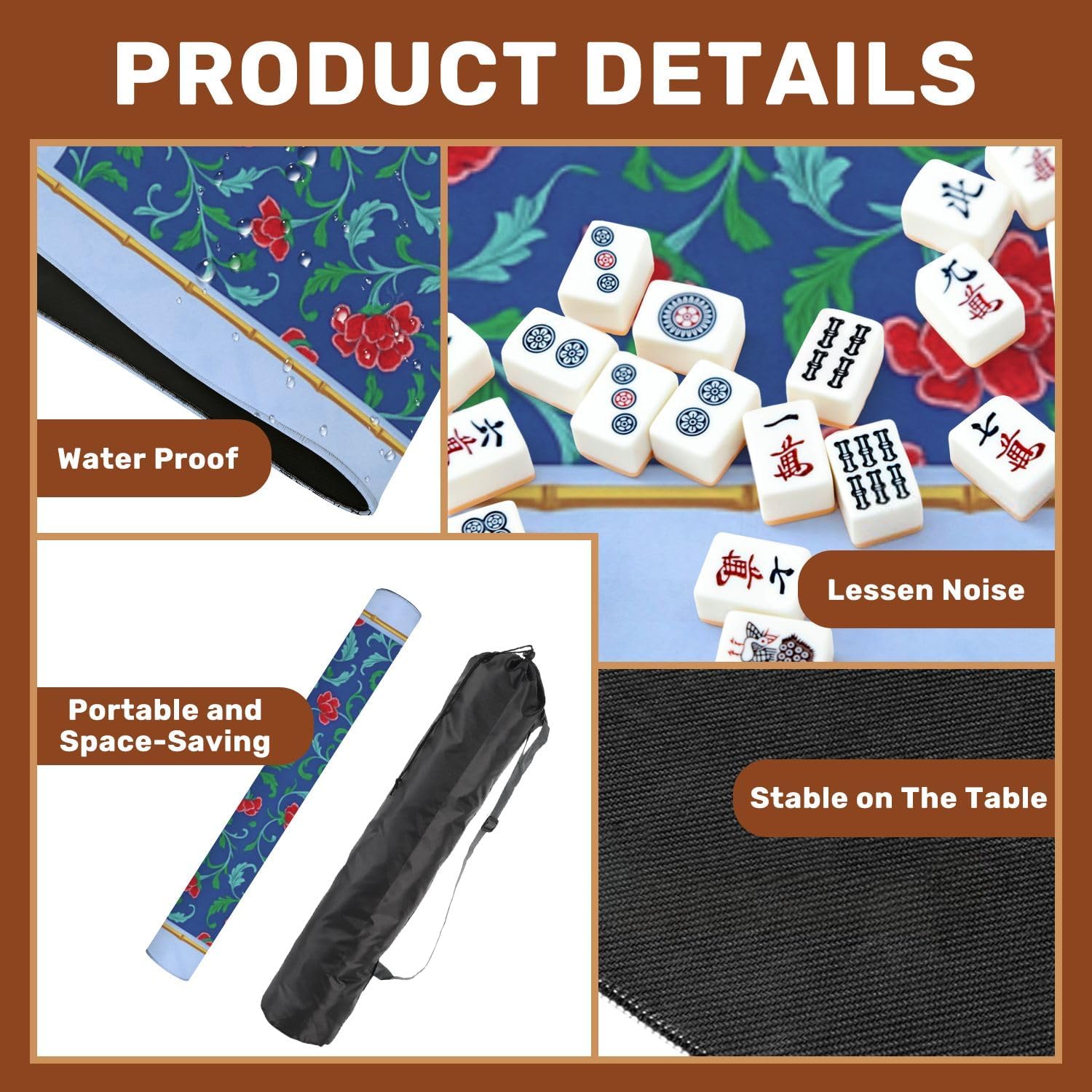 Mahjong Mat with Carrying Bag 31.5" x 31.5" Non-Slip Noise Reduction Floral Red Roses Green Vines Blue Table Mat for Mahjong Poker Dominoes Card Board Tile Games
