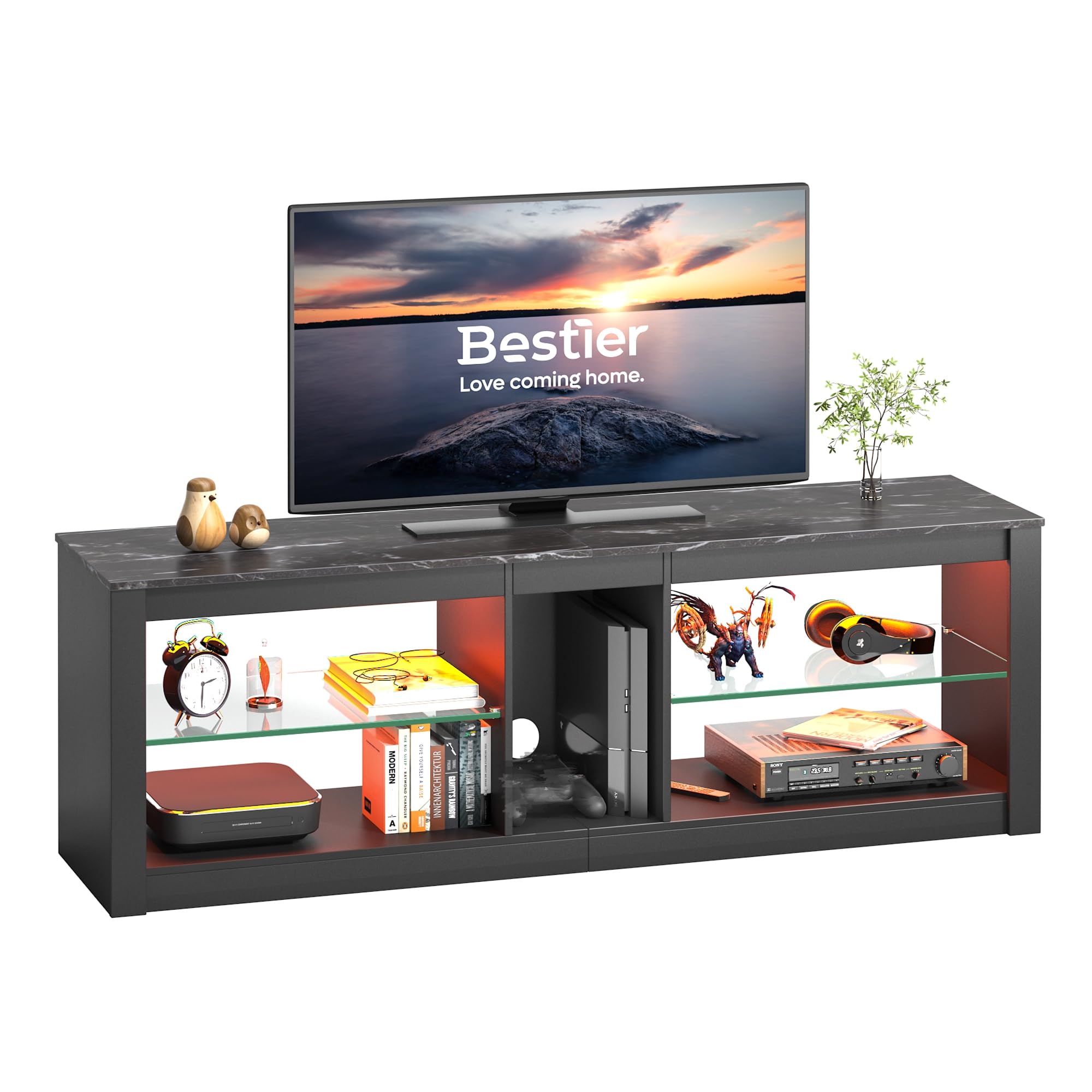 TV Stand Cabinet 140CM Modern TV Unit with Glass Shelf RGB LED Lighted for 55/65 TVs TV Entertainment Unit with Ambient Lights (Black Marble, Black Marble)