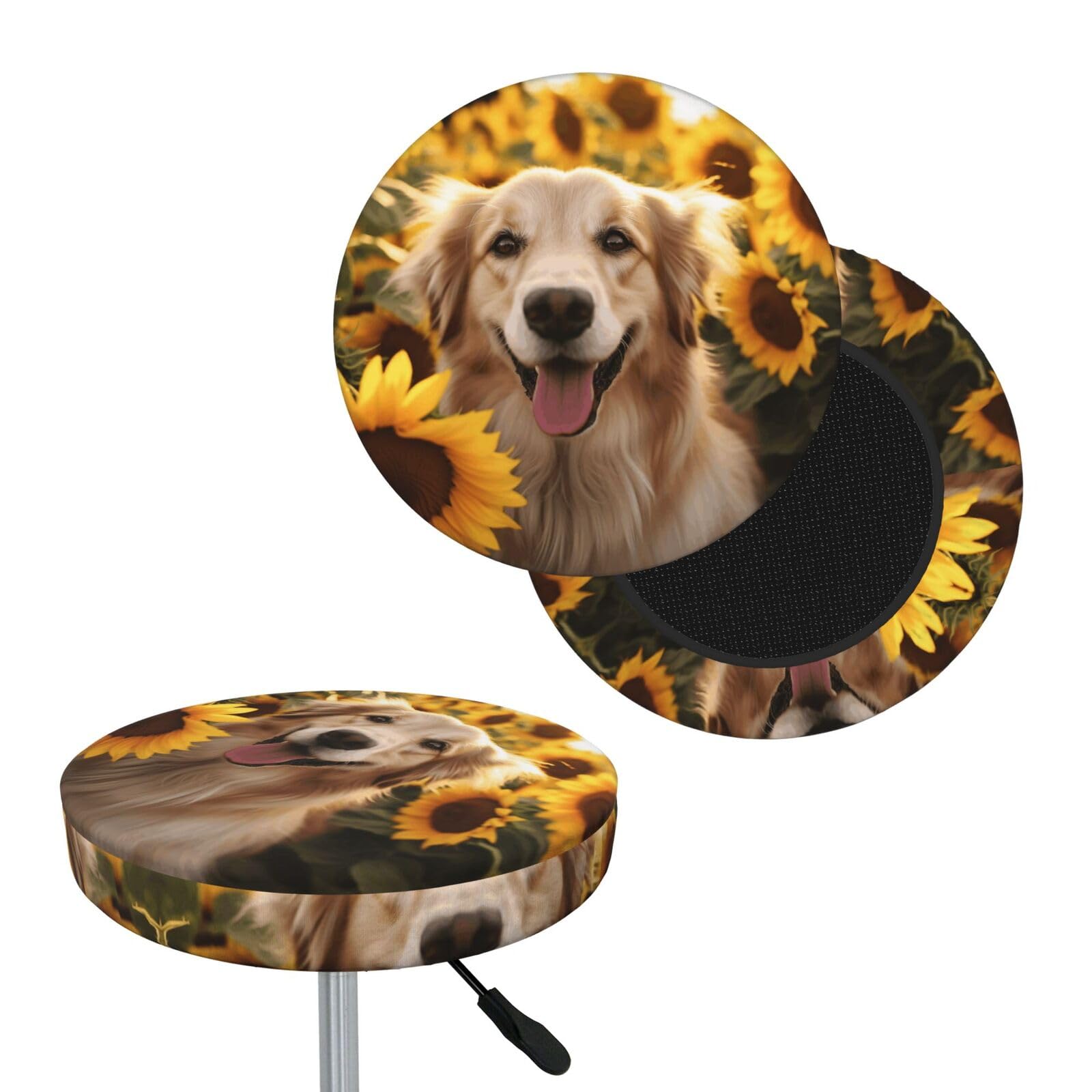 FodPand Dog and Sunflower Bar Stool Cover Round Elastic Stool Cushion Covers Washable Bar Stool Chair Slipcover Stretch Stool Seat Covers for 12-14 Inch Chair