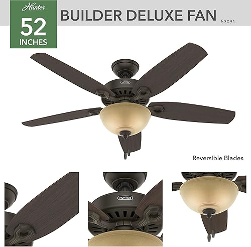Miniatura 4 de Hunter 53091Ventilador de techo de 5 aspas con una sola luz Builder Deluxe con aspas de cerezo brasileñoroble barnizado y plafón ribeteado color