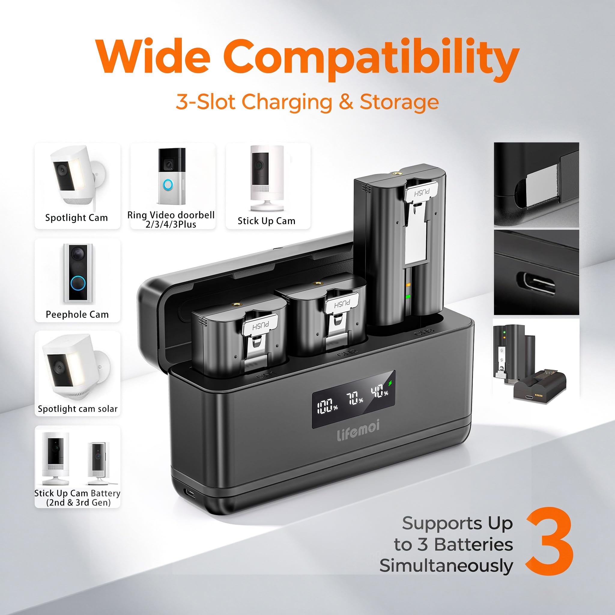 Compatibile con stazione di ricarica della batteria ad anello a 3 slot dotata di display digitale a LED, confezione da 3 batterie da 6040 mAh 3,65 V per campanello ad anello 2/3/3+/4, riflettore