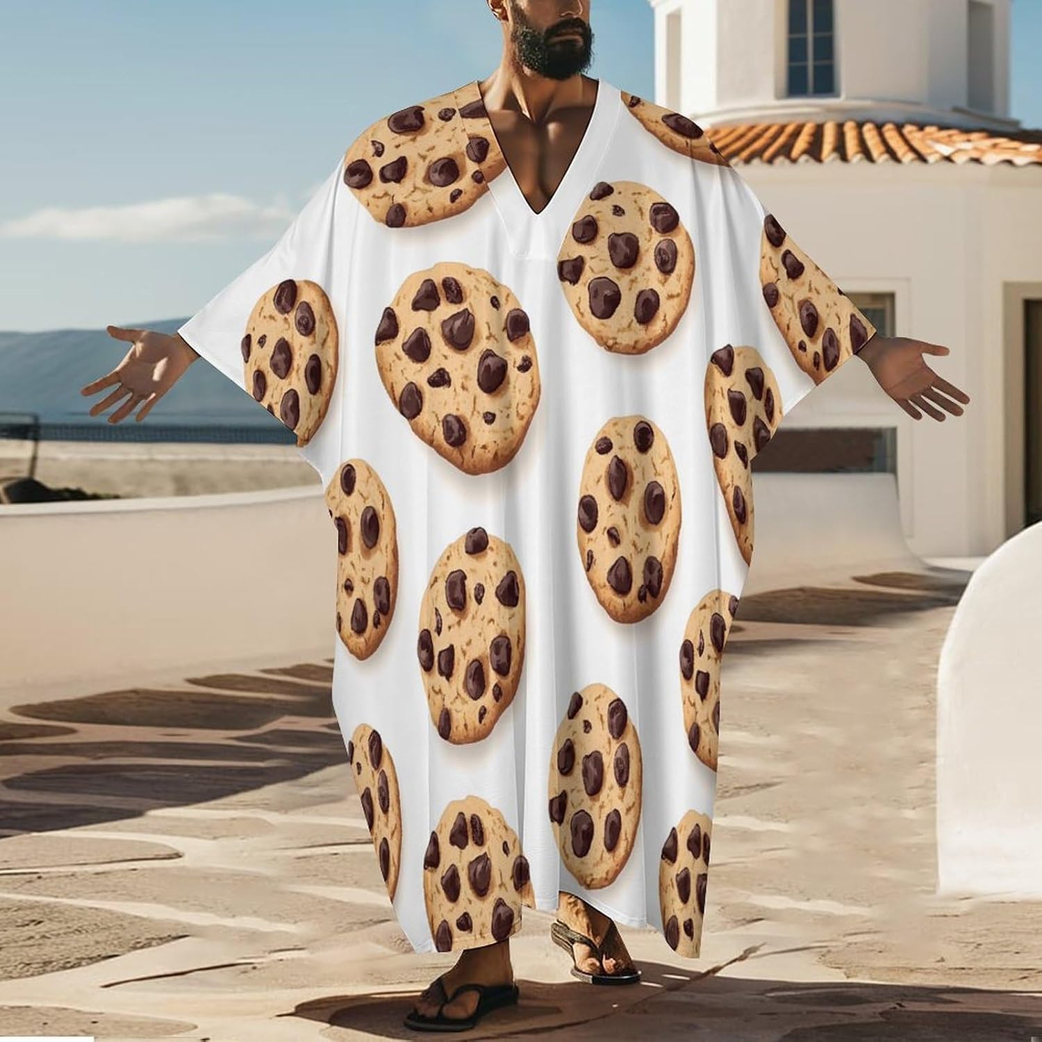 Chocolate Chip Cookiee Men's Kaftan Thobe V-Neck Long Gown Loose Robe