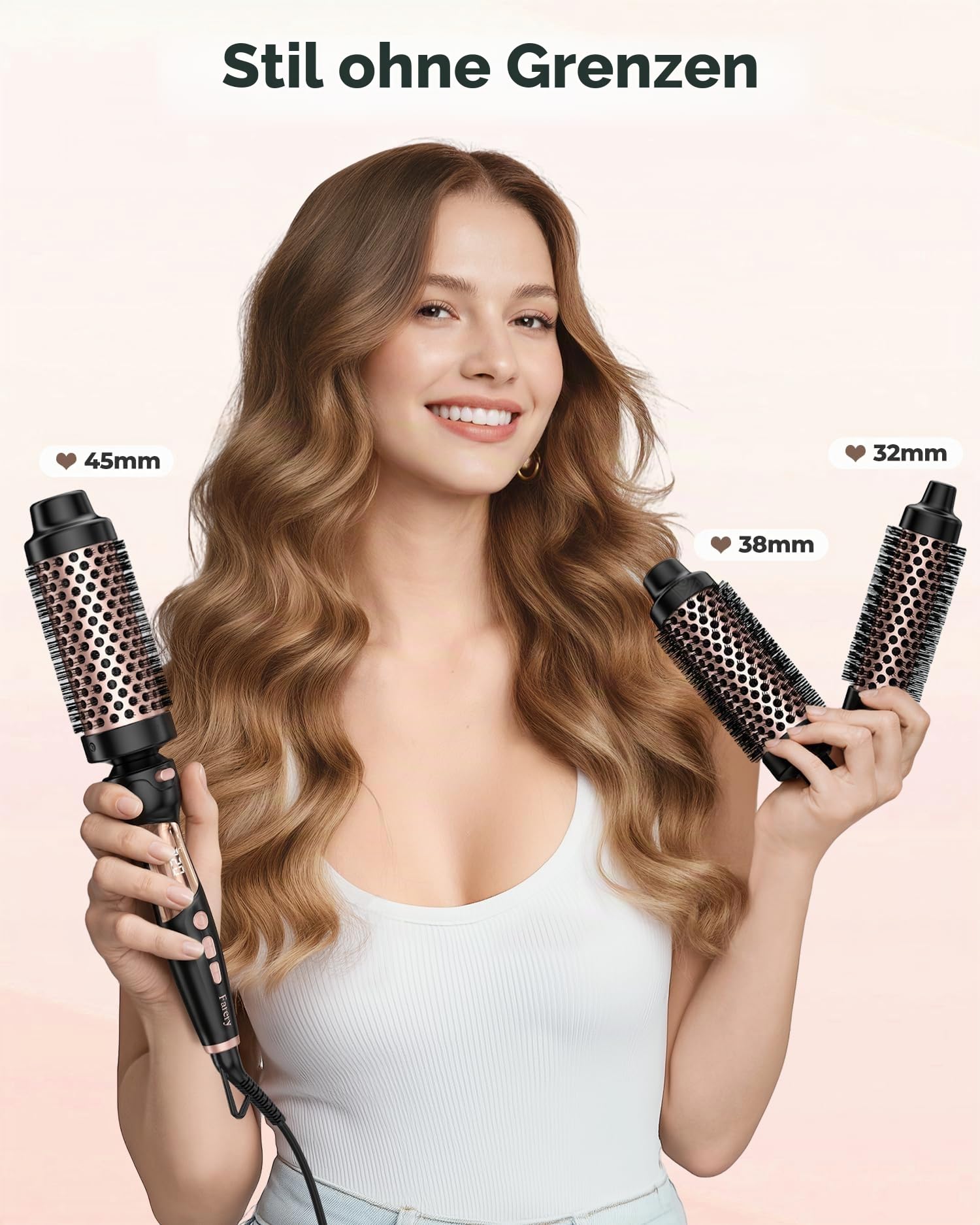 Farery Lockenstab Thermal Brush, 9 Temperaturen Heiße Bürsten für mittleres bis dickes und grobes Haar, schnell aufheizende keramische Heißbürste, austauschbare Bürstenköpfe, mit Dual-Spannung.
