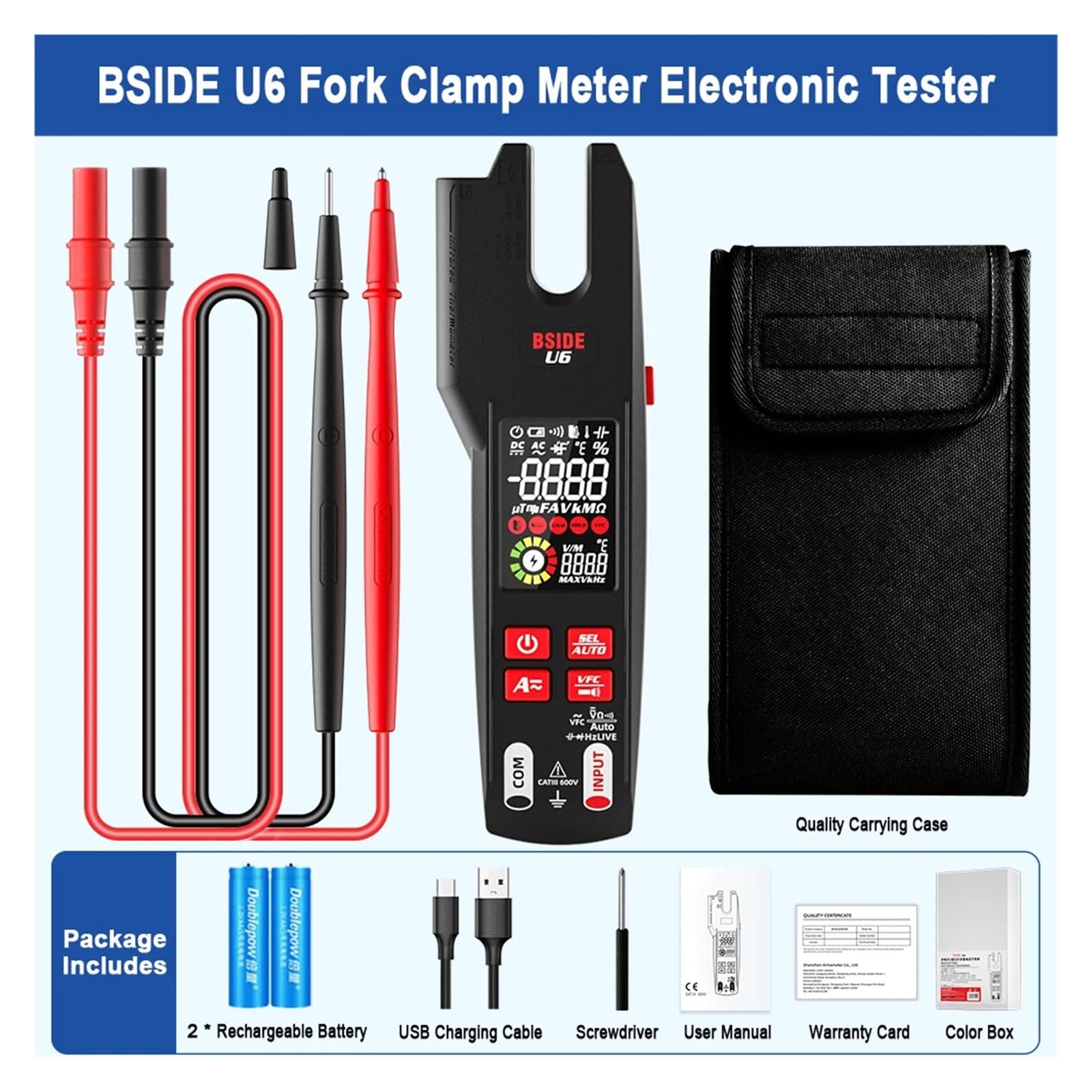 U6 600A Pinza amperometrica digitale True RMS AC DC rilevamento NCV | Misura corrente AC DC e valori elettrici senza scollegare i circuiti per manutenzione e diagnosi(BSIDE U6)