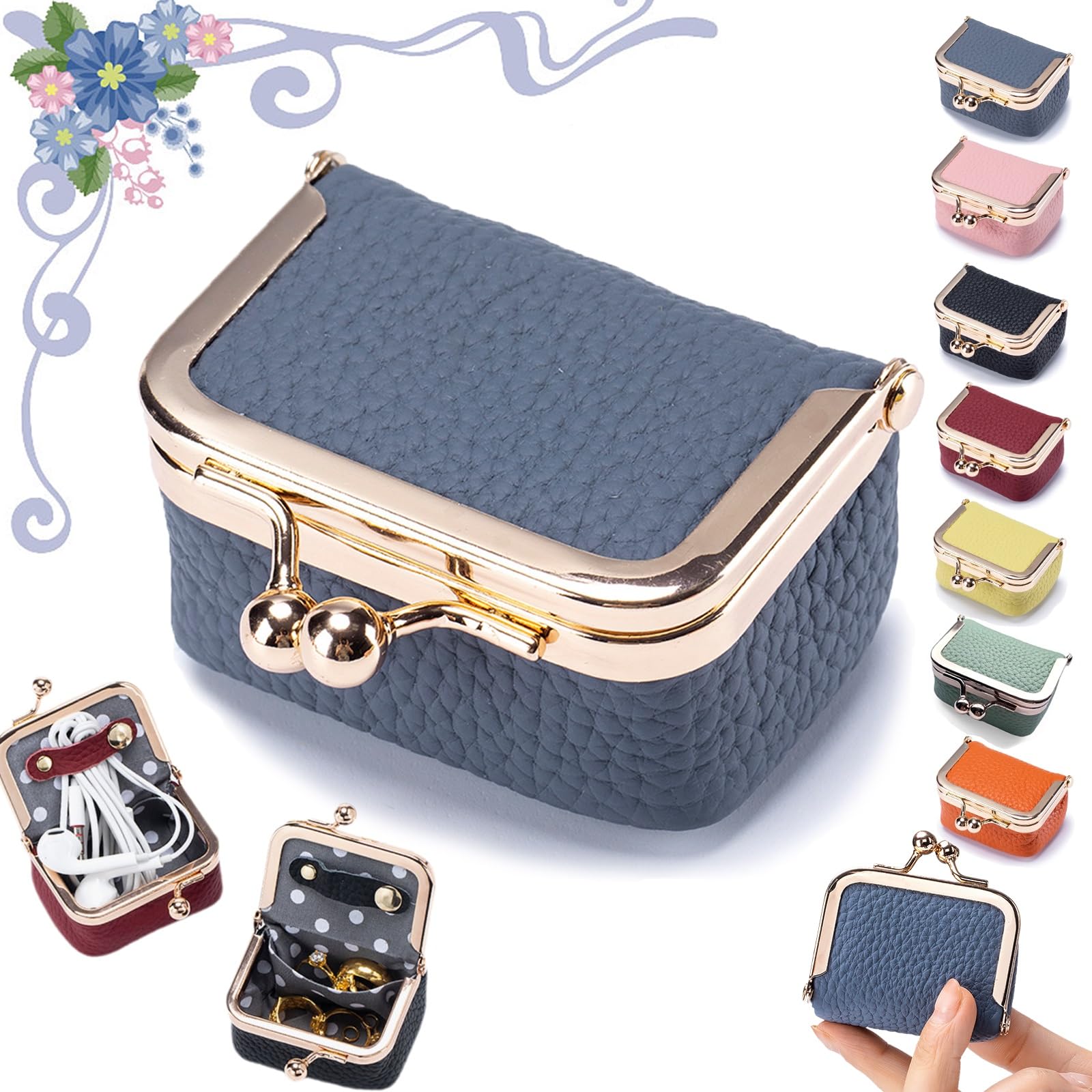 Genuine Leather Mini Jewelry Box Portable Vintage-Inspired Genuine Leather Coin Purse Jewelry Case with Kiss Lock Mini Travel