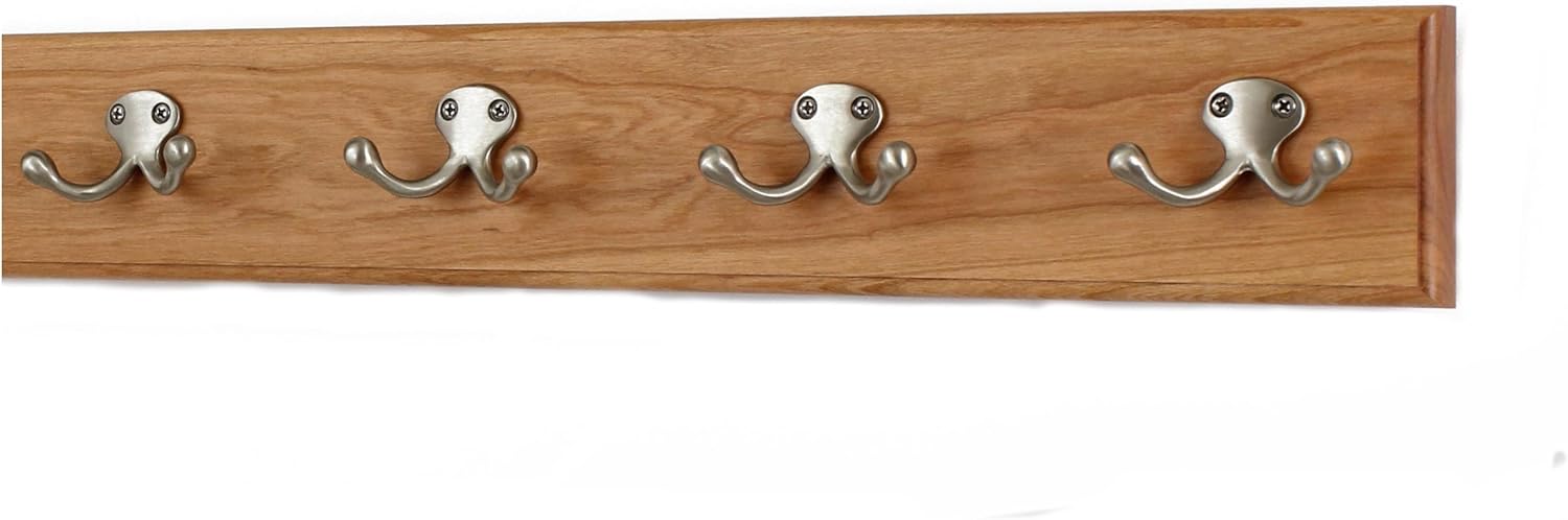 PegandRail Solid Cherry Wall Mounted Coat Rack with Satin Nickel Double Style Coat Hooks - Made in The USA (Cherry, 20" x 3.5" with 4 Hooks)