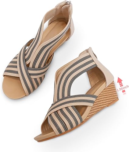 Miniatura 2 de WOJWSKI Sandalias de cuña para mujer, bohemia, puntera abierta, tacón bajo, cremallera trasera, plataforma, vestido de verano, sandalias de playa