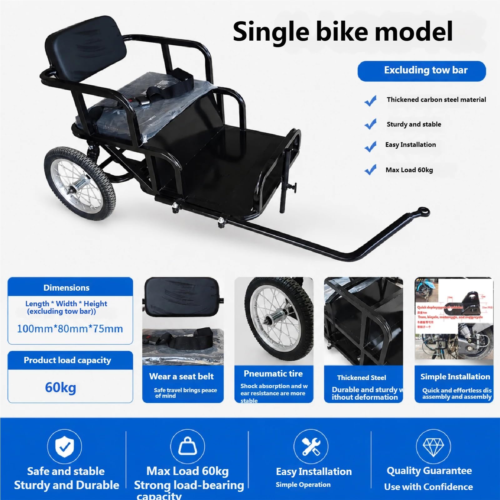 Remolque Infantil Monoplaza para Bici 60kg Arnés 5 Puntos Plegable | Bastidor de Acero + Capacidad 60kg + Arnés 5 Puntos + Almacenamiento Plegable + Ruedas