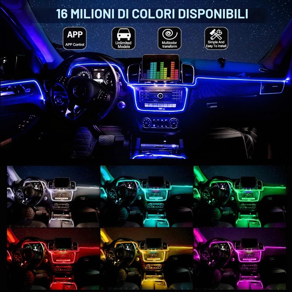 Striscia LED per interni, 16 milioni di colori, 5 in 1 con fibra ottica da 236 pollici, multicolore RGB Sound Active Automobile Atmosfera Ambient Lighting Kit – Wireless Bluetooth App Control
