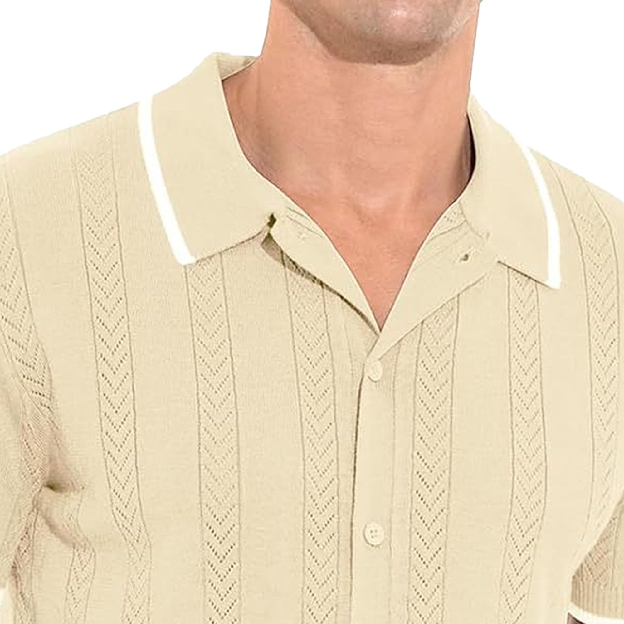Camiseta de cuello cubano para hombre, estilo vintage, con botones, para vacaciones, de punto a rayas, para golf, playa