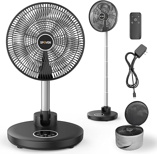 Ventilador de pie oscilante, ventilador portátil plegable de 12 pulgadas con batería recargable de 12000 mAh, ventilador de pedestal ajustable en