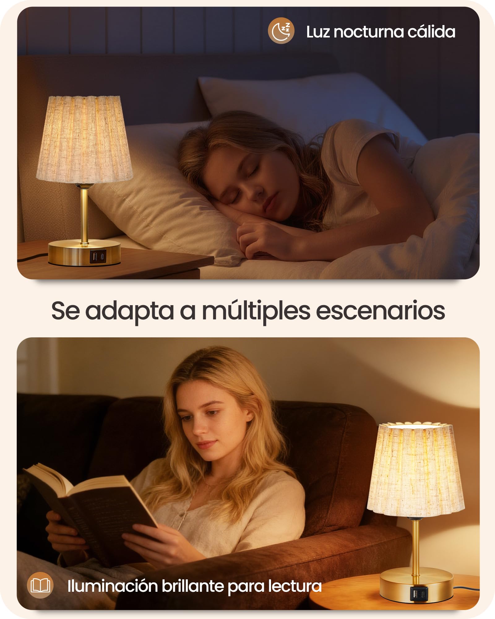Lámpara de Mesa Táctil Ajustable, Juego de 2, con Puertos de Carga USB A y Type C, Luz LED Ajustable, Regulación Continua del 10% al 100%, Base E27, para Mesita de Noche, Dormitorio