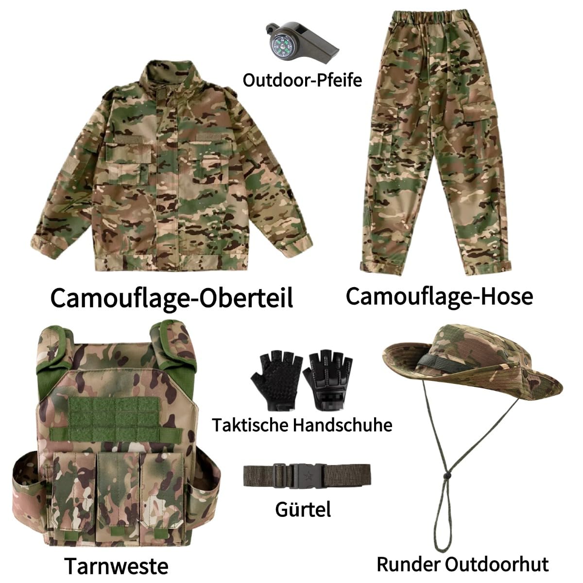 Kinder Militär-Kostüm Set, Taktische Weste, Tarnanzug mit Jacke und Hose, Boonie-Hut, Handschuhe, Gürtel und Pfeife, Camouflage