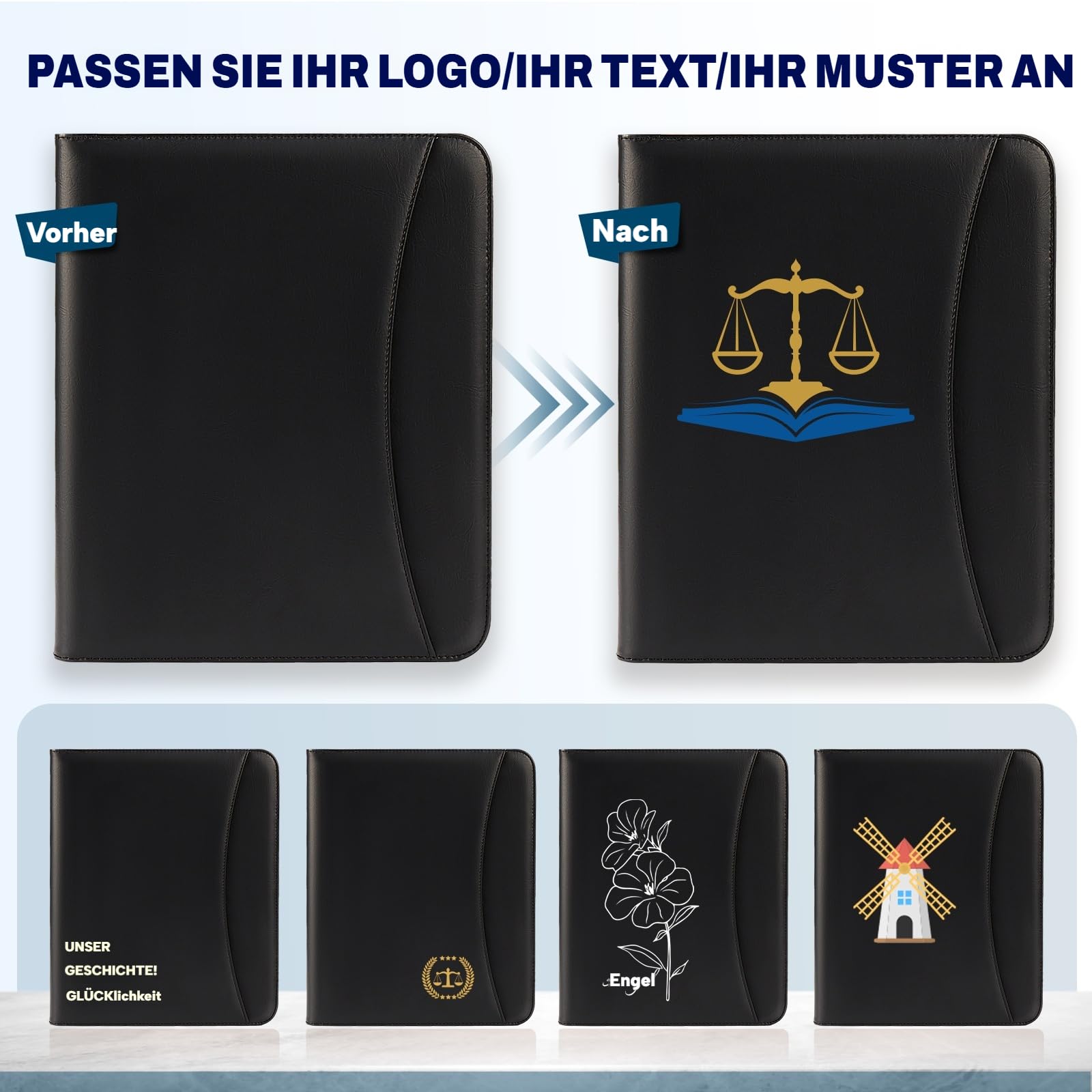 ENOMY Konferenzmappe A4 personalisiert Leder mit Reißverschluss, Dokumentenmappe Organizer Schreibmappe Portfolio Mappe mit Logo Bild, Business Bewerbungsmappe für Büro Meeting Reise Schwarz (Schwarz)