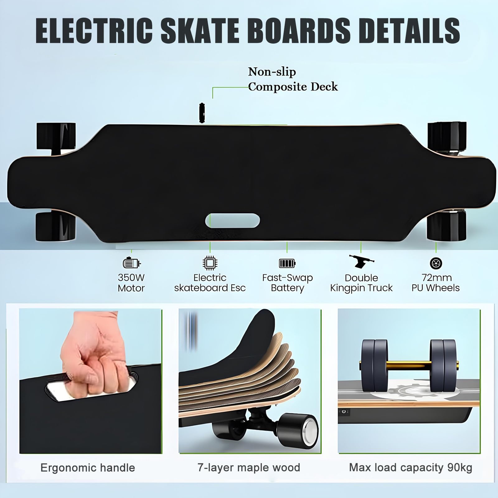 Skateboard Électrique Tout-Terrain Professionnel,Cruiser Électrique Sans Balais 240 W Avec Télécommande 4 Vitesses, Dénivelé 15 %, Autonomie De 24 Km Et 15 Km | Longboard Électrique TypeA