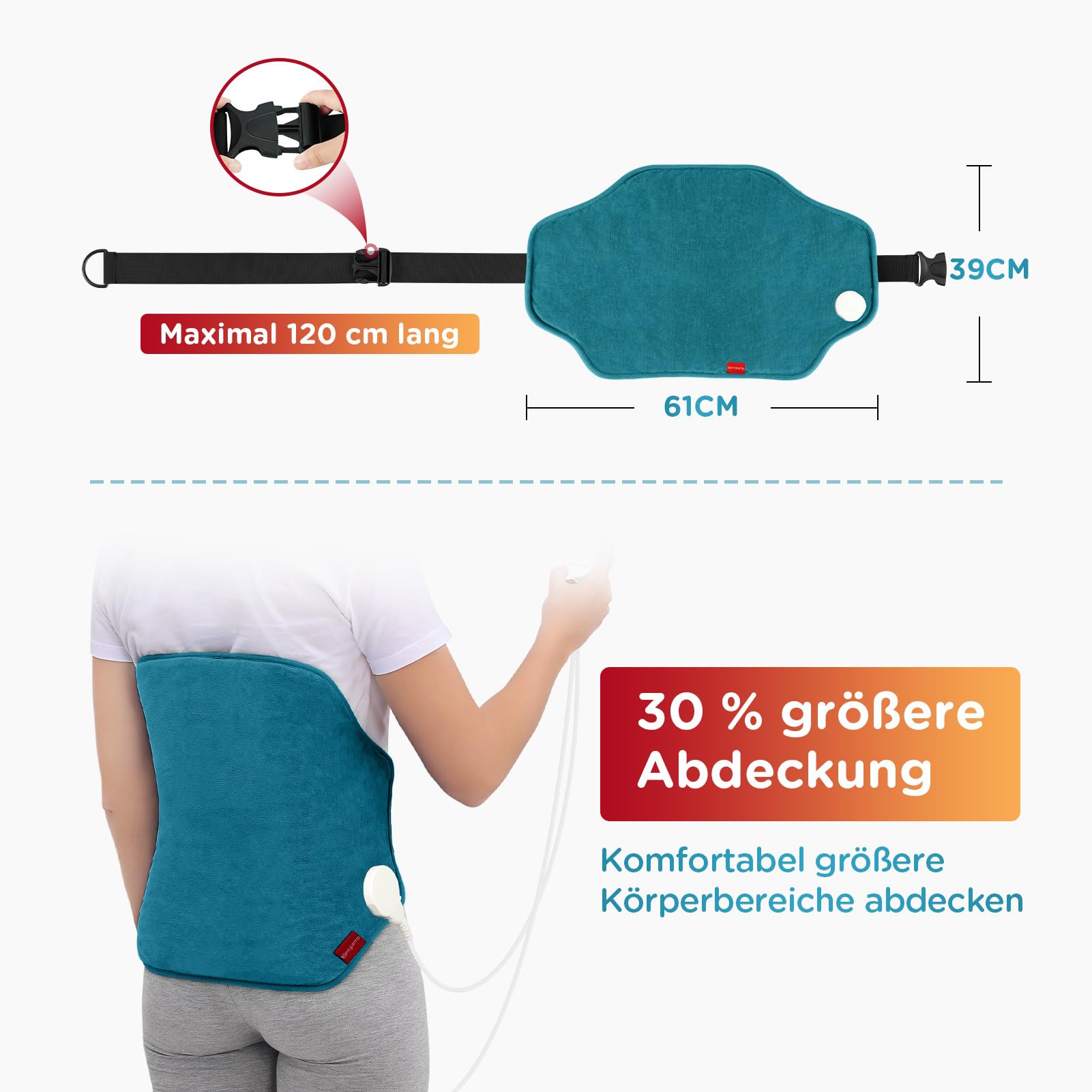 Comfytemp Großes Heizkissen für Rücken mit 9 Wärmestufen 0,5-9h Abschaltautomatik, 39x61cm Elektrisches Rückenwärmer Wärmegürtel Heizgürtel Wärmekissen Maschinenwaschbar（Max. Tailleumfang: 120 cm）