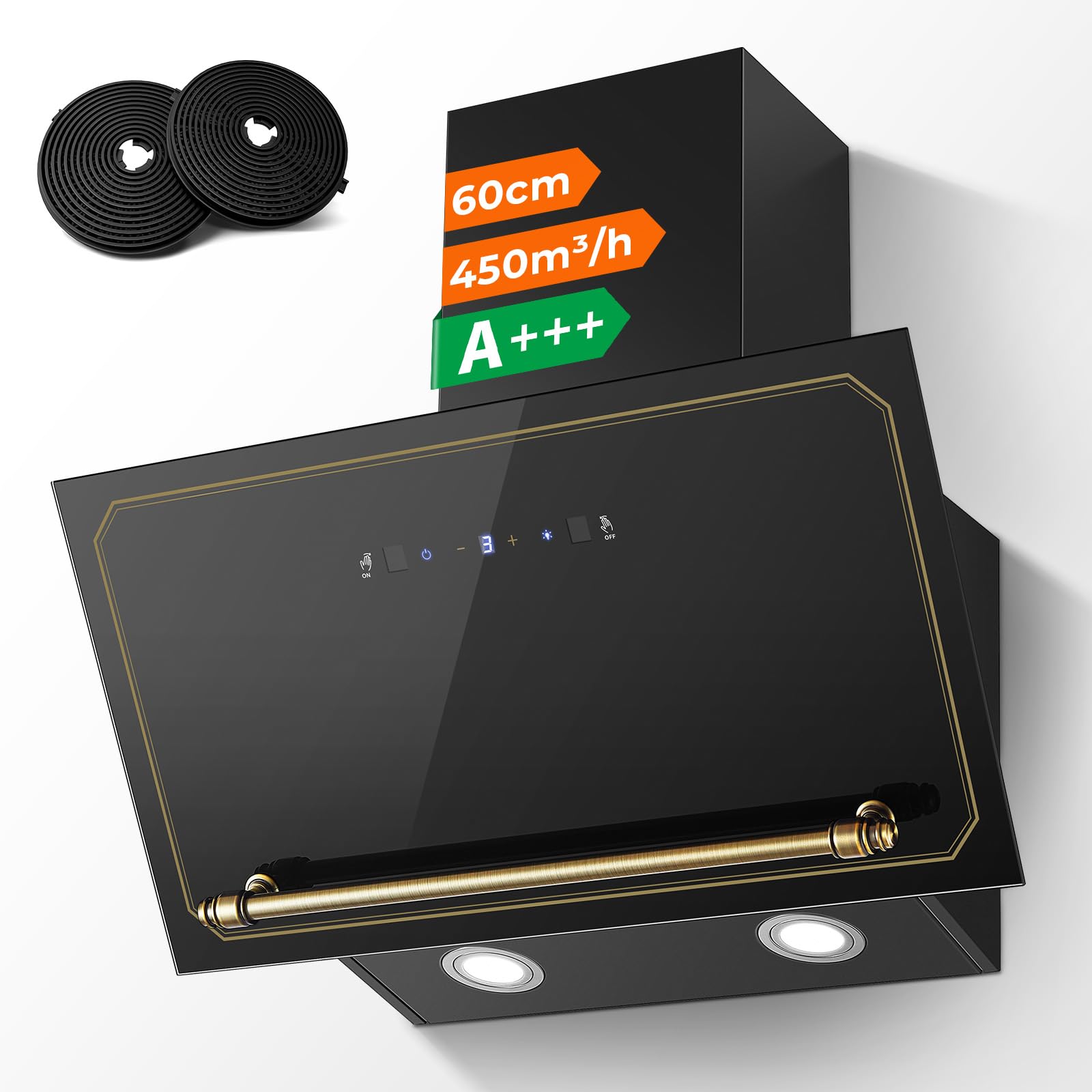 SNDOAS Hotte Aspirante 60 cm, A+++ Hotte Cuisine Silencieuse Inclinée, 450 m³/h, 3 Vitesses + Boost, Évacuation/Recyclage, Filtres à Charbon Inclus, Commandes Tactiles & Gestuelles, Noir/Or