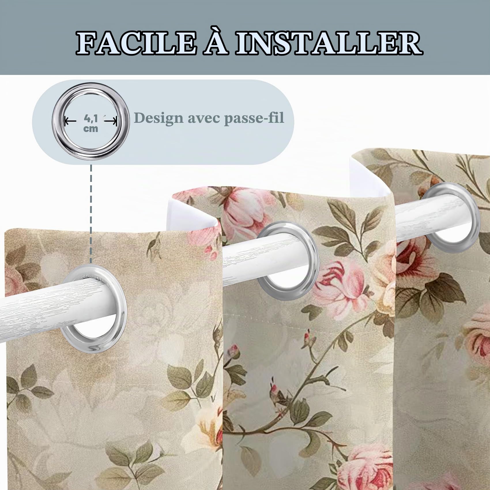 Rideaux Occultant Fleurs Rustique Vintage, Rideau Isolant Thermique pour Salon Chambre, Rideaux Motif Floral Rose, Lot de 2 Rideaux Opaque à Oeillets 140x240cm LxH