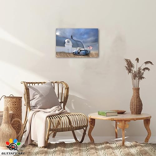 Miniatura 3 de Lienzo decorativo para pared de camión viejo de granja, imágenes de granero antiguo, impresiones en lienzo de camión azul con bandera de Estados