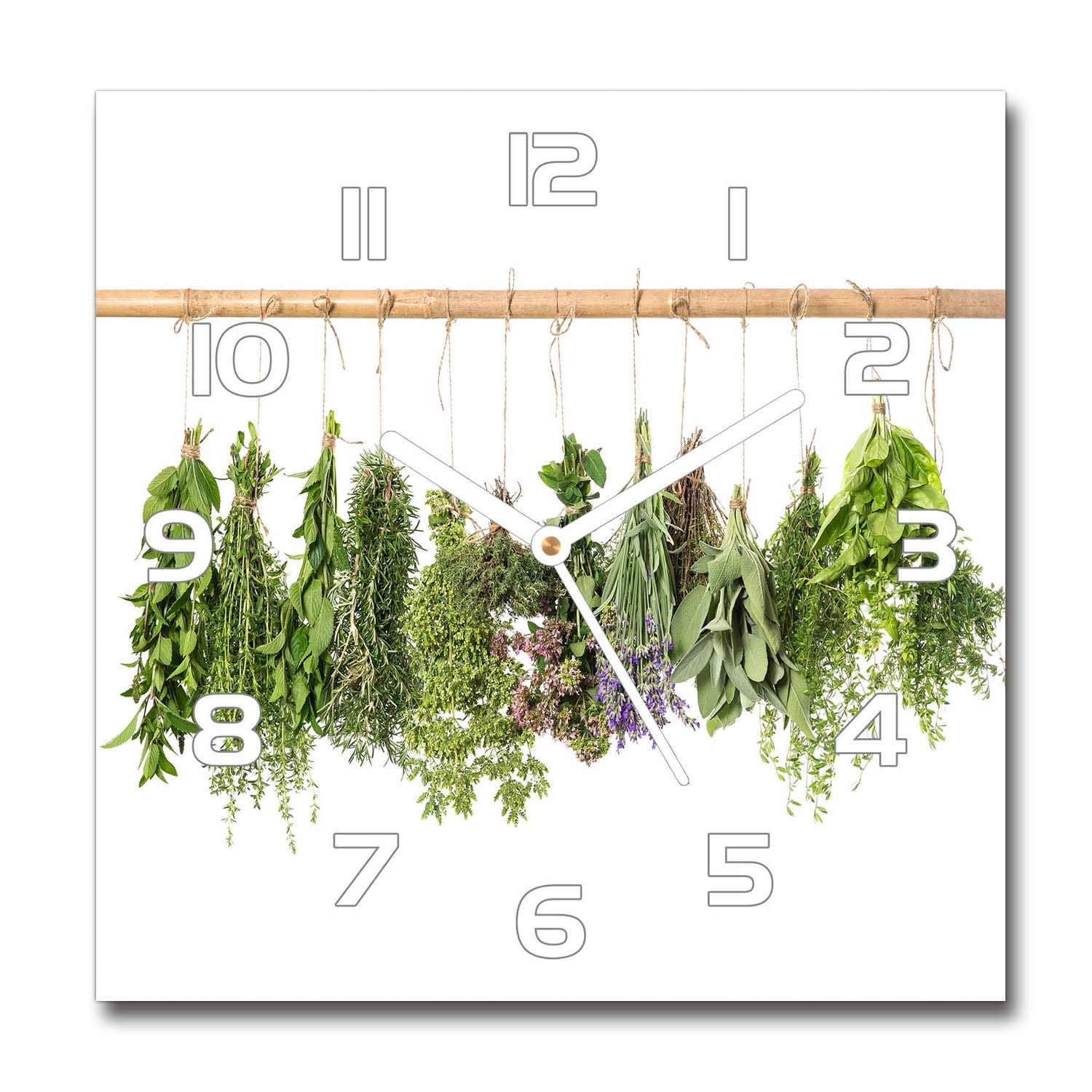 Horloge en verre 30x30cm silencieuse sur pied design herbes