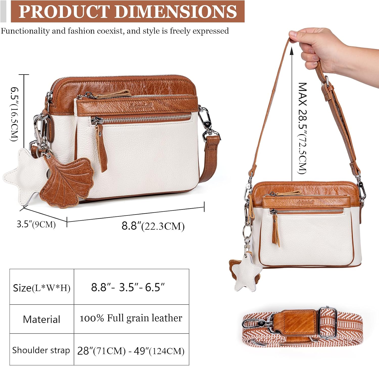 Genuine Leather Crossbody Bags for Women - Cute Small Crossbody Purse with Wide Strap for Travel, Work & Daily