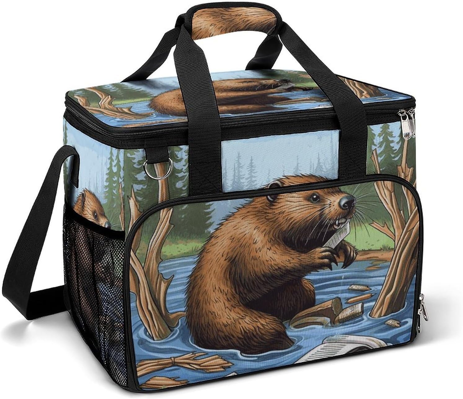 Insulated Picnic Backpack Tote Bag, Large Capacity 30L Busy Beaver Cartoon Cooler Bag Leakproof Beach Bags Portable Lunch Box Waterproof Picnic Basket for Beach Camping BBQ
