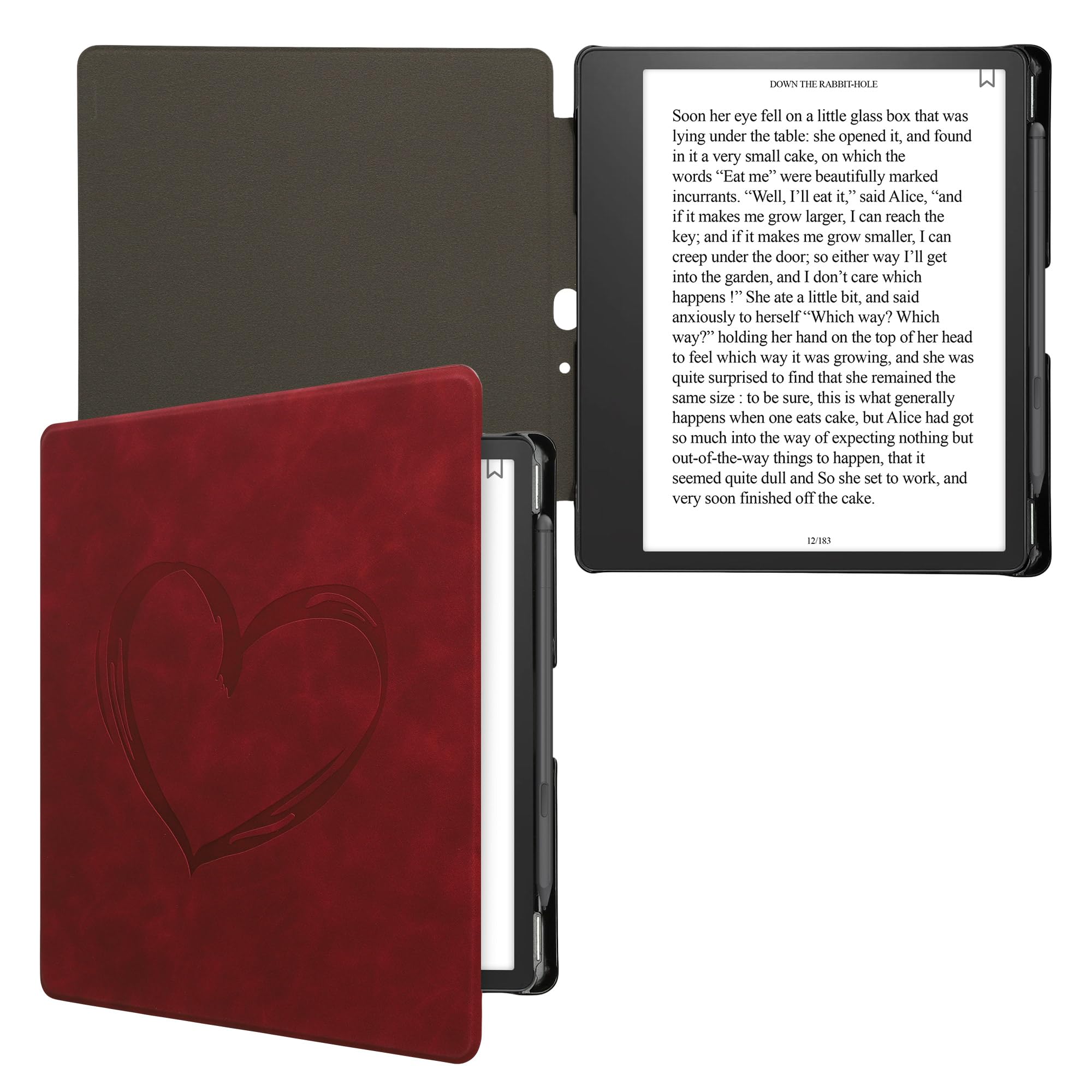 kwmobile Schutzhülle für Amazon Kindle Scribe (2022/2024) Hülle - eReader Case aus Kunstleder mit Auto Sleep Funktion - Herz Brush mit Dunkelrot