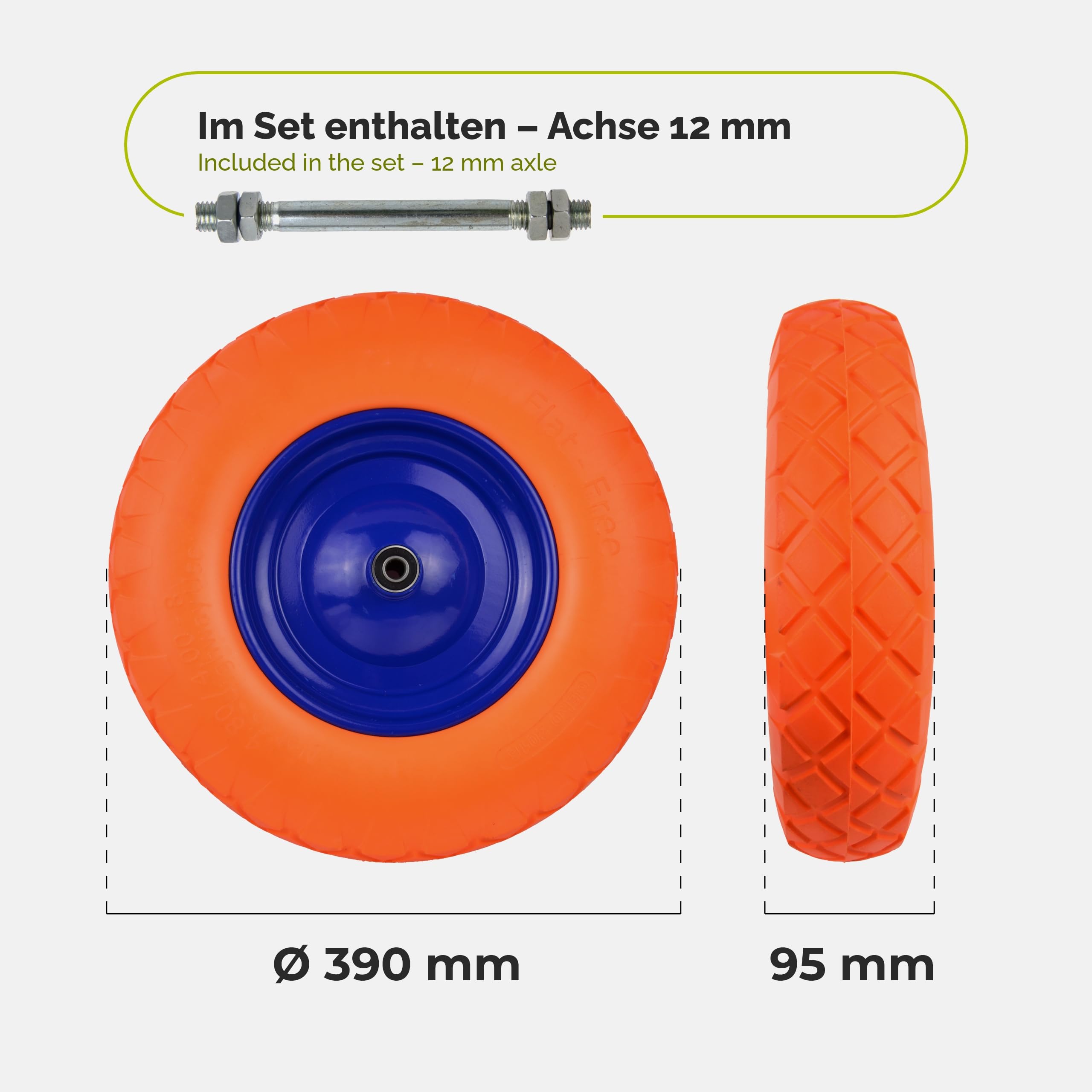 Garronda 2er Pack PU Vollgummirad 4.80/4.00-8 pannensicher wartungsfrei bis 100 kg Schubkarrenrad Ersatzrad Schubkarre mit Achse Stahlfelge Kugellager für Gartenwagen Hof Baustelle GD-0165 Orange-Blau