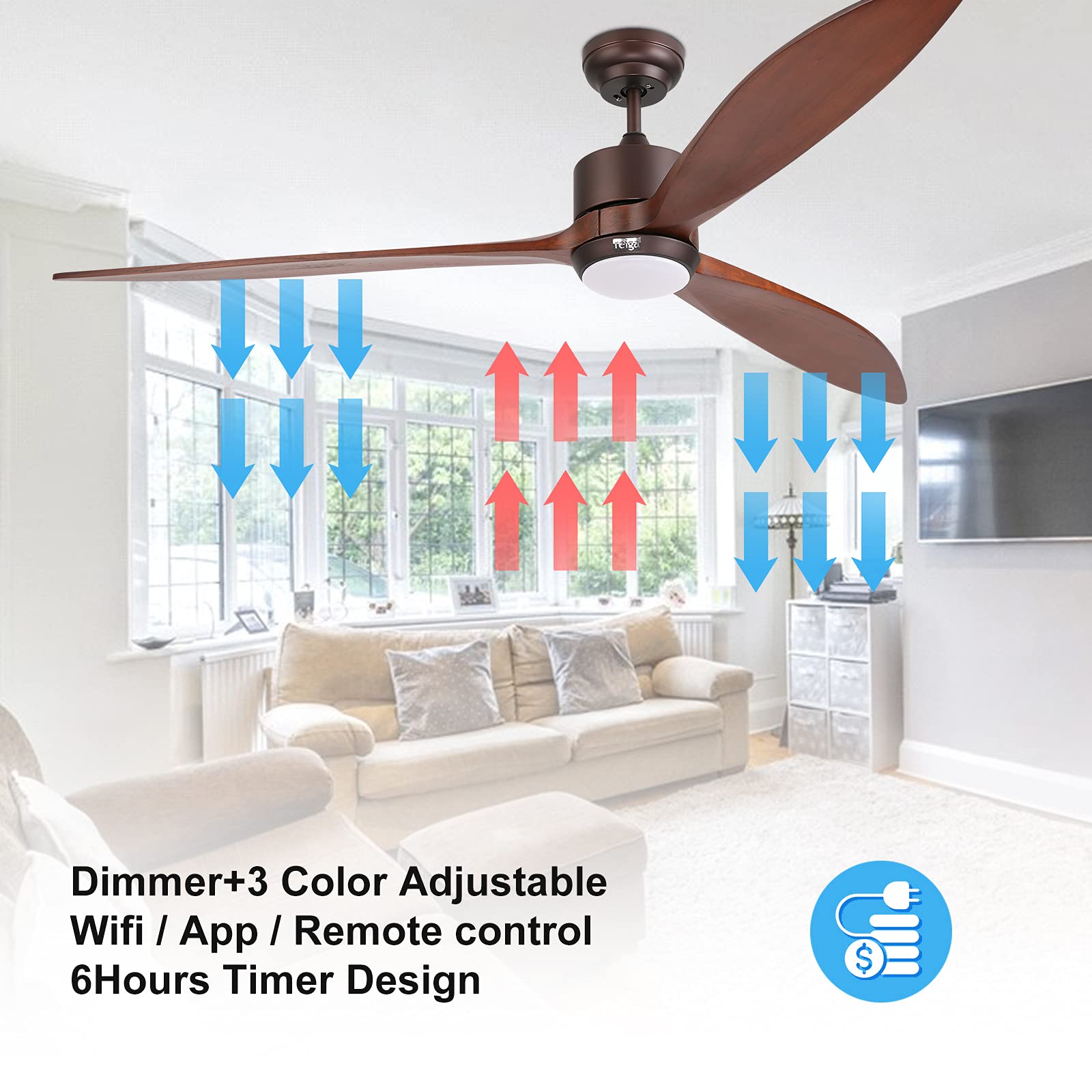 reiga 65" Solid Wood DC Motor Outdoor Ceiling Fan with Dimming LED Light Kit, Alexa, Google Home, App and Remote Control, 6-speed, IP44, ETL Listed, Oil-Coated Bronze