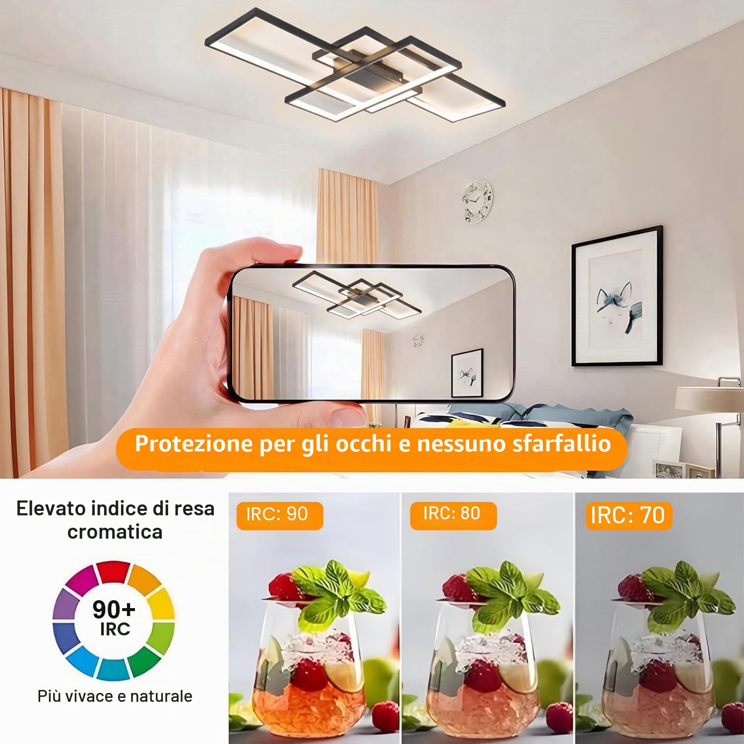 Plafoniera LED Soffitto, Dimmerabile 3000K-6000K lampadario camera da letto moderni con Telecomando, Applica A Decorativa Soggiorno Camera Da Letto Corridoio Cucina E Ufficio (nero, 90cm)