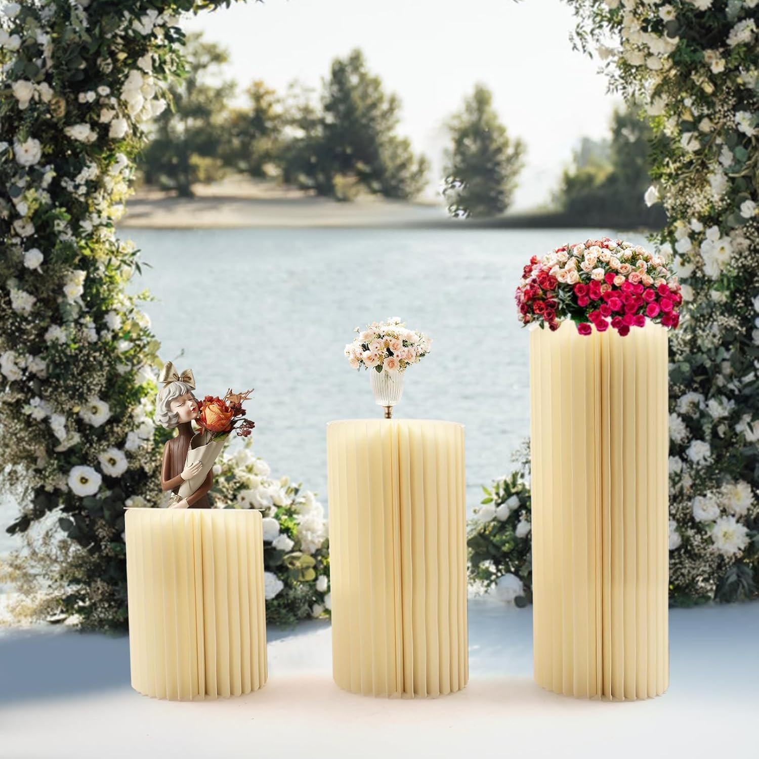 3 Pcs Foldable Cardboard Centerpiece Display with Bulbs Cylinder Pedestal Stand Flowers Cake Stand for Wedding Party Garden Decoration (15.75in+23.62in+31.5in-70Papers)