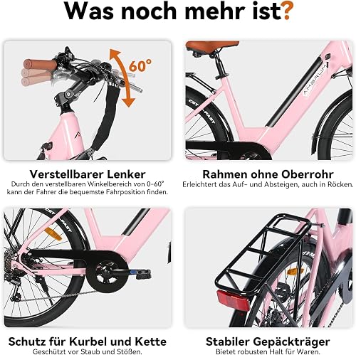 HILAND Vélo Électrique 26 Pouces, Vélo Ville Électrique 7 Vitesses avec Moteur 250W, Freins à Disque, Batterie 7,8Ah, VAE Urbain Homme Femme, Rose - 7