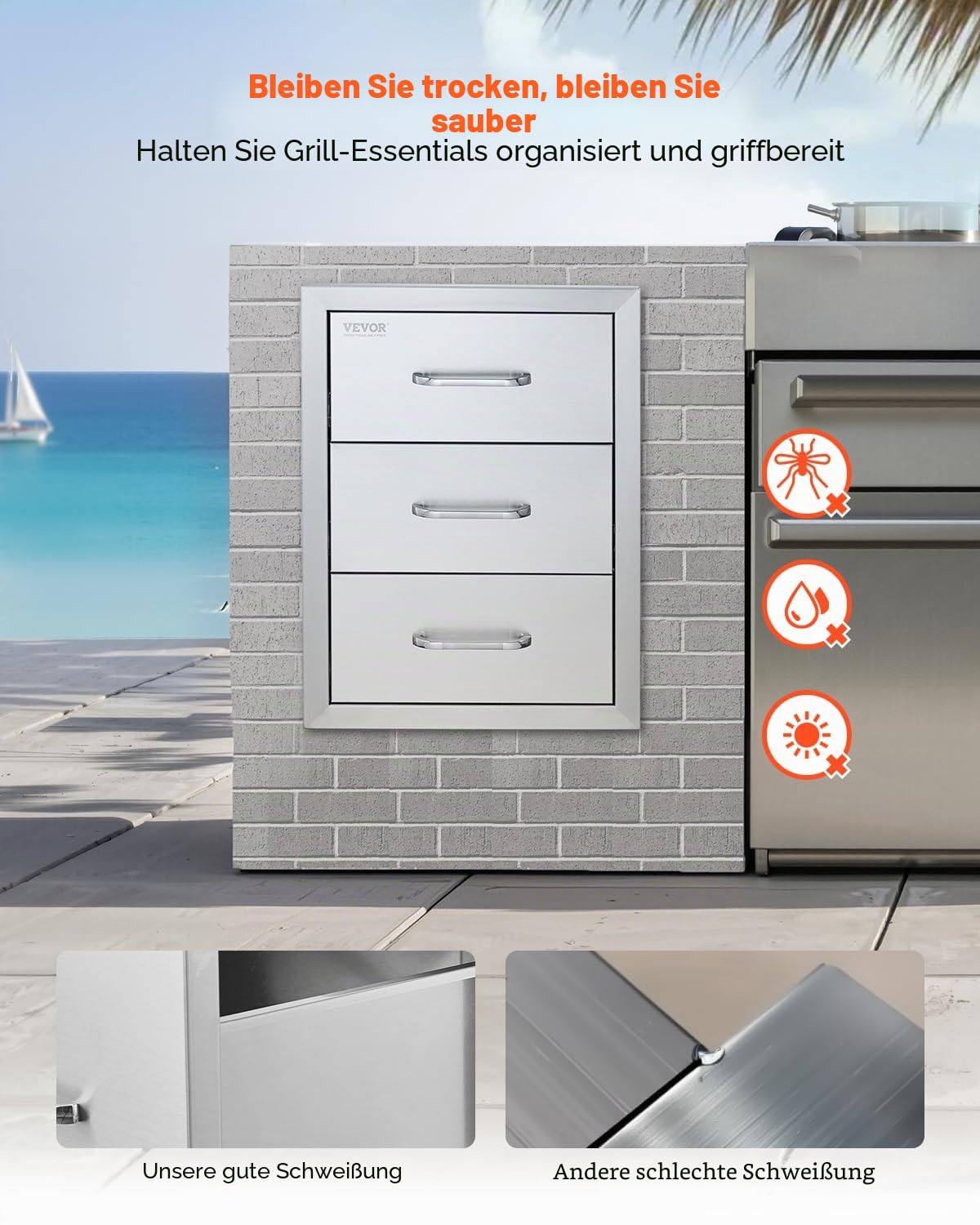 VEVOR Outdoor-Küchenschubladen flächenbündig montierte Grillschubladen mit dreifachem Zugriff und Edelstahlgriff, Grillinselschubladen für Außenküchen oder Grillinsel-Terrasse 400 x 450 x 450 mm